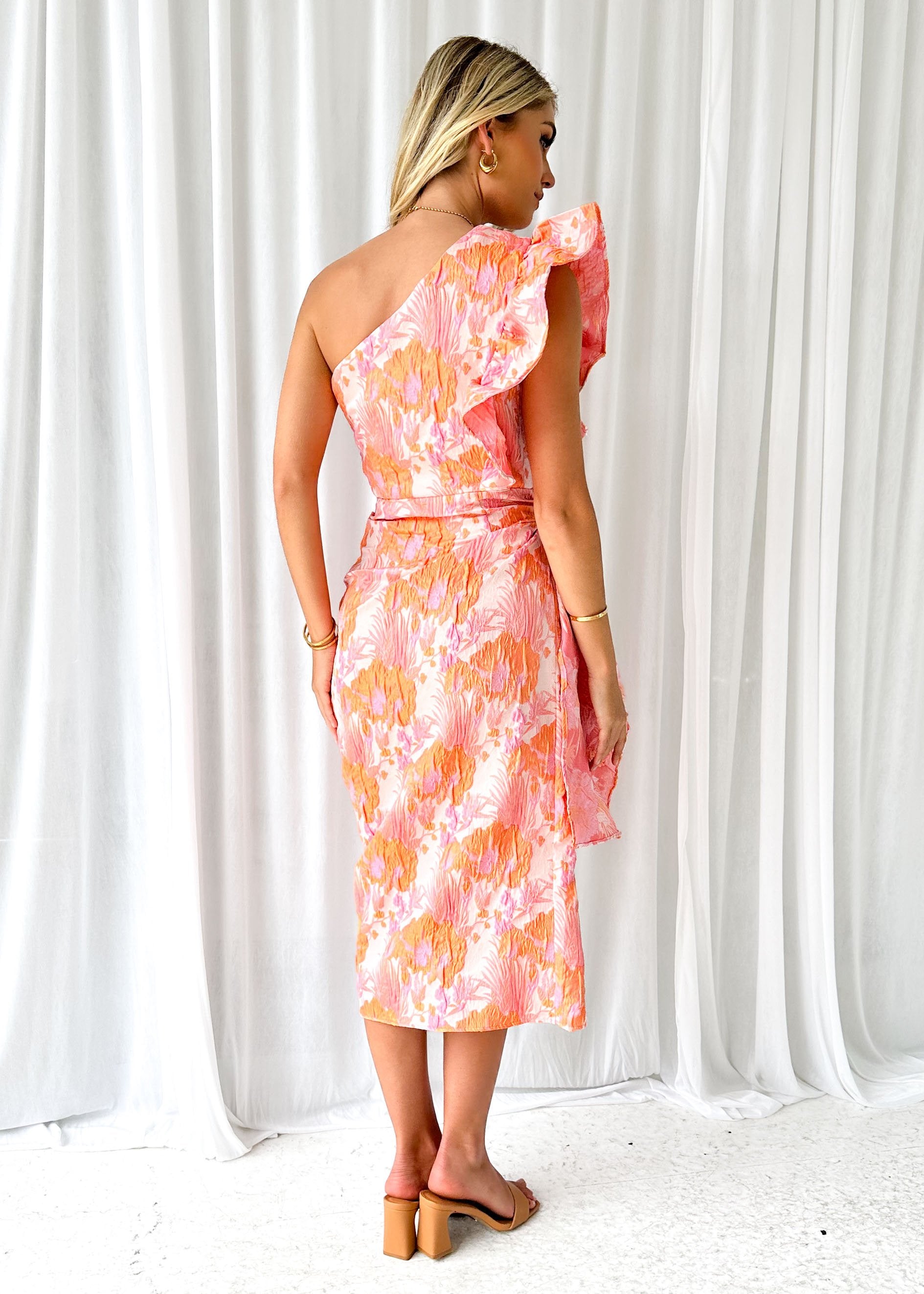 Lushie One Shoulder Midi Dress - Peach Jacquard