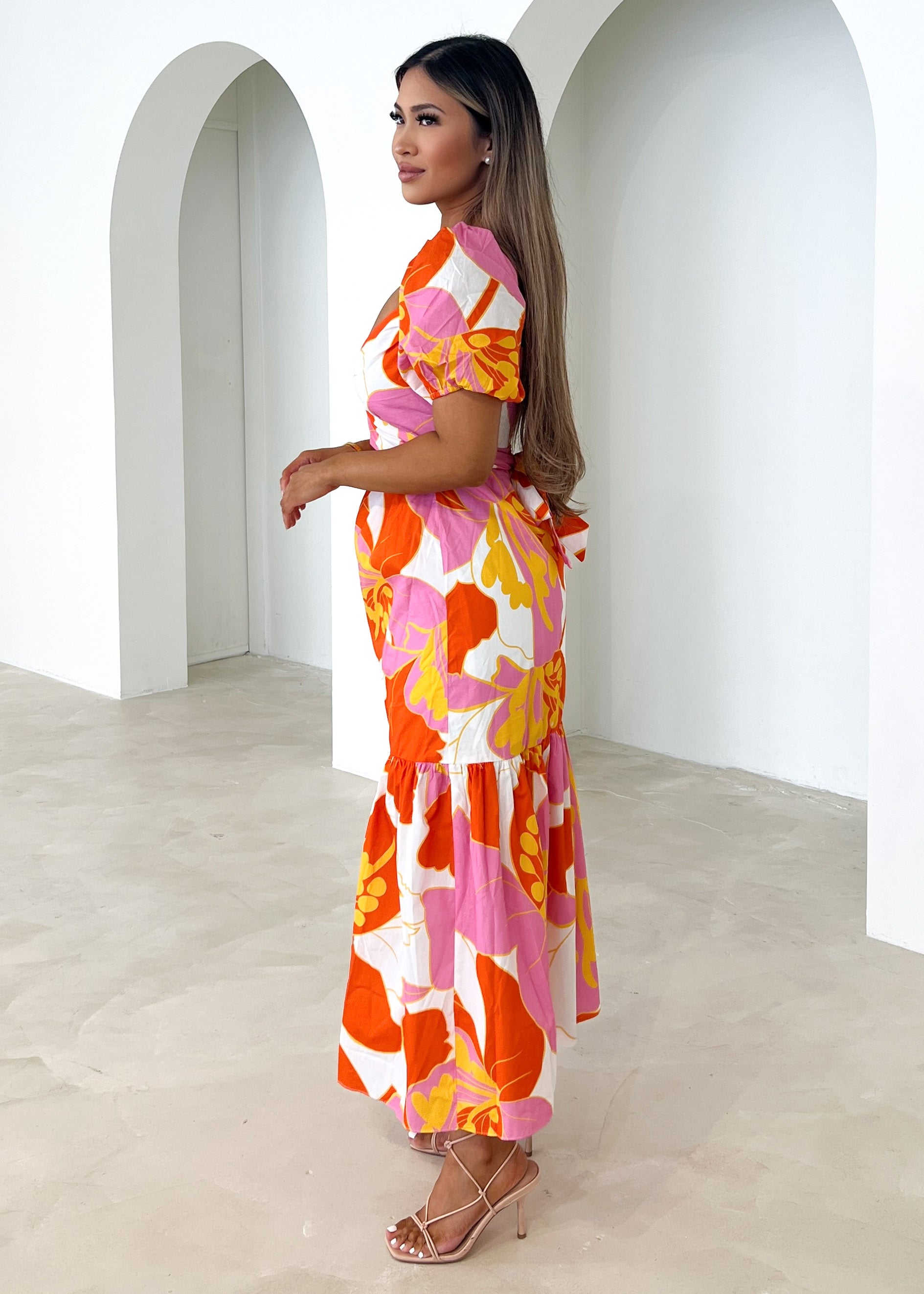 Tysin Midi Dress - Tangerine Flowers