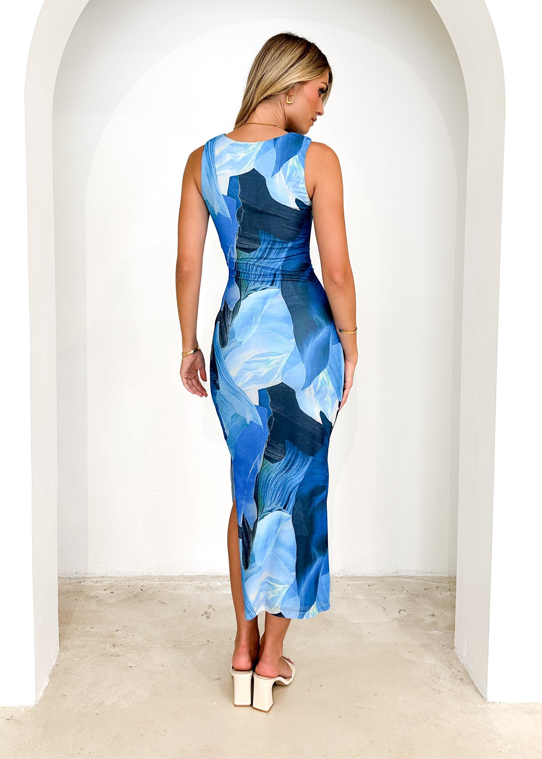 Tillia Mesh Maxi Dress - Blue Leaf