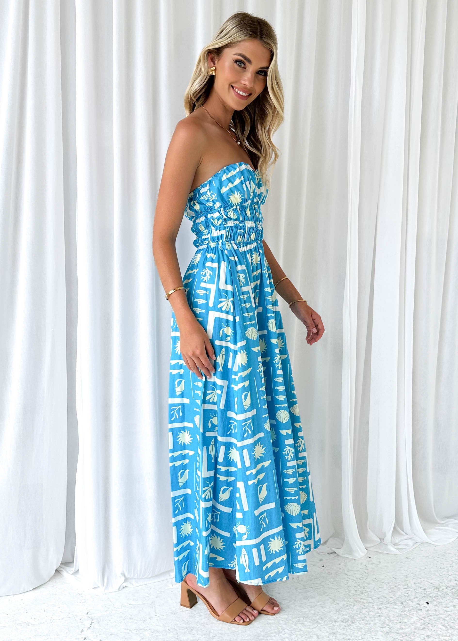 Enai Strapless Maxi Dress - Blue Abstract