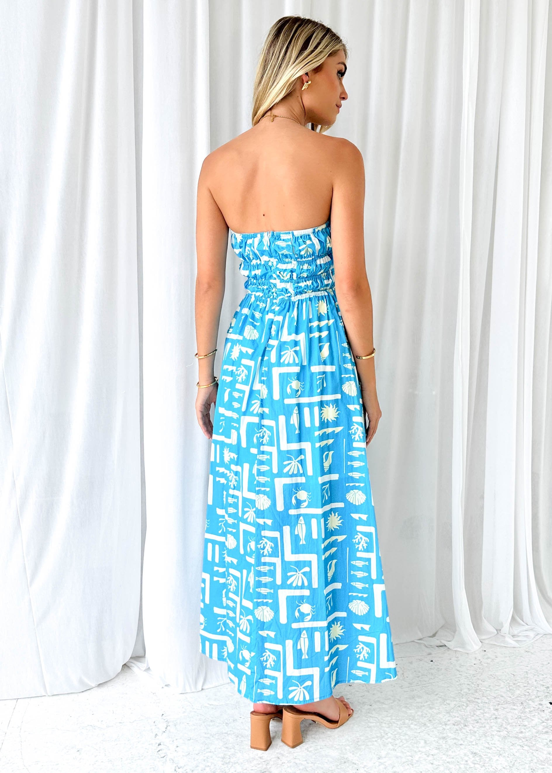 Enai Strapless Maxi Dress - Blue Abstract