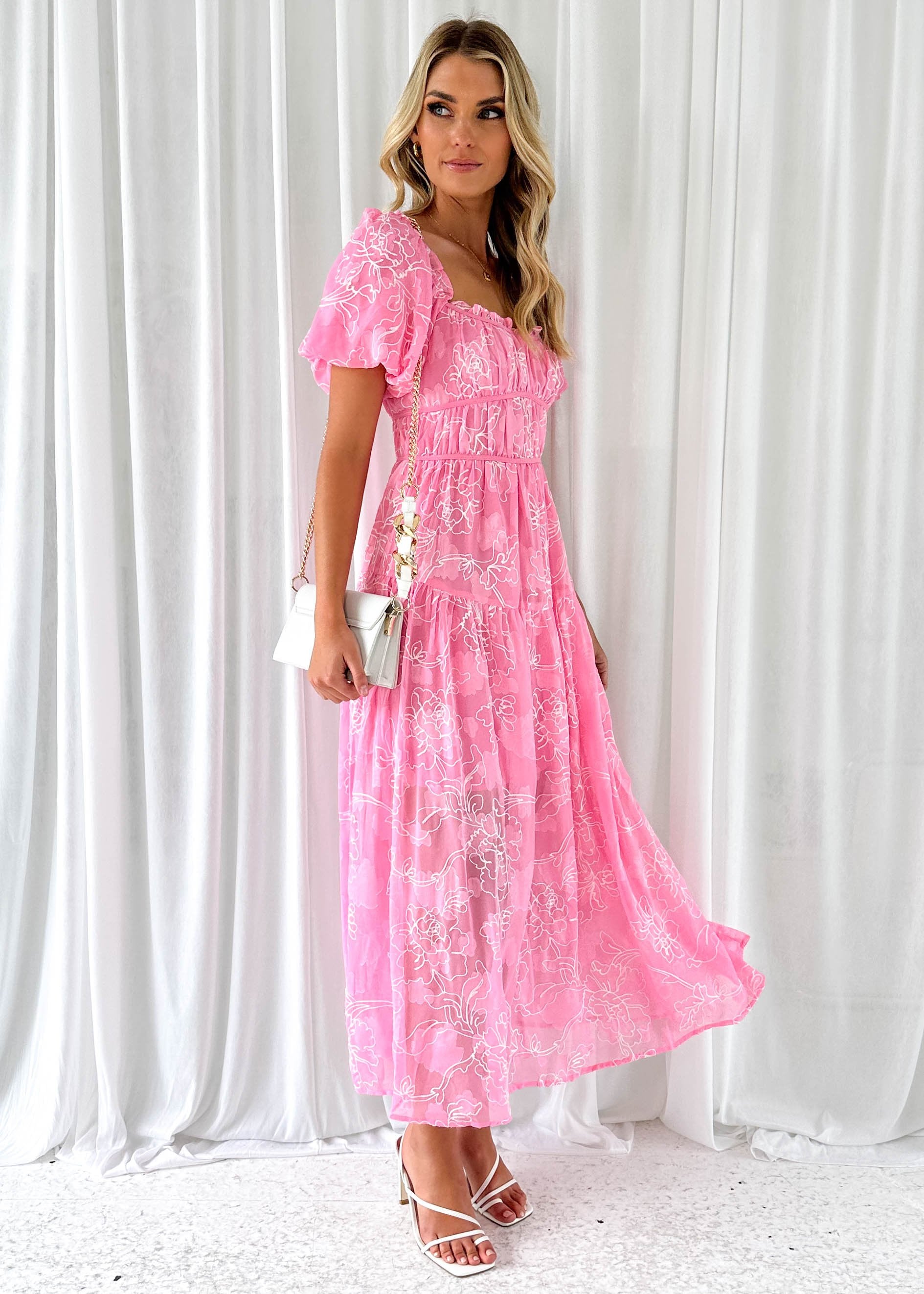 Ausha Midi Dress - Pink Embroidered