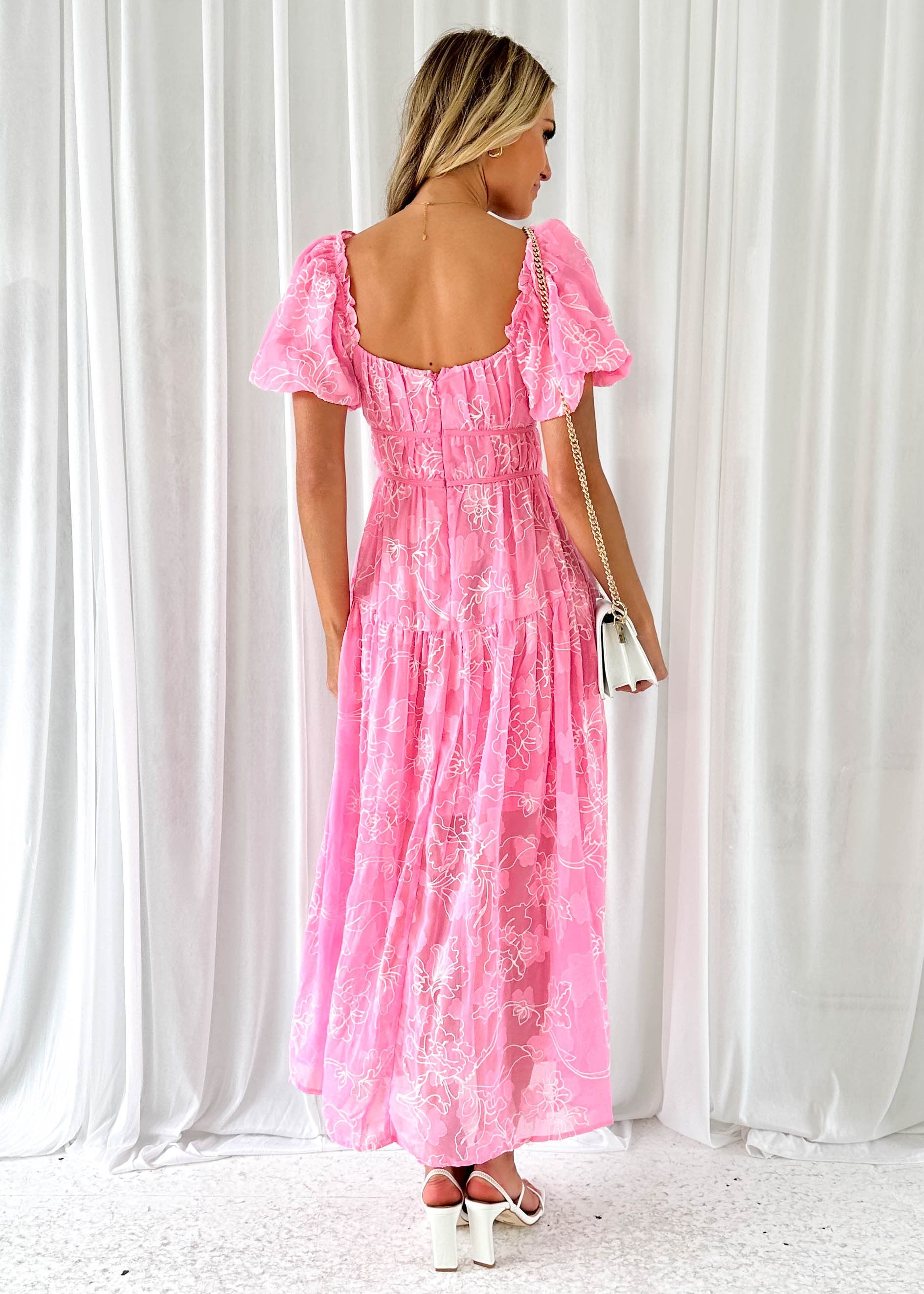 Ausha Midi Dress - Pink Embroidered