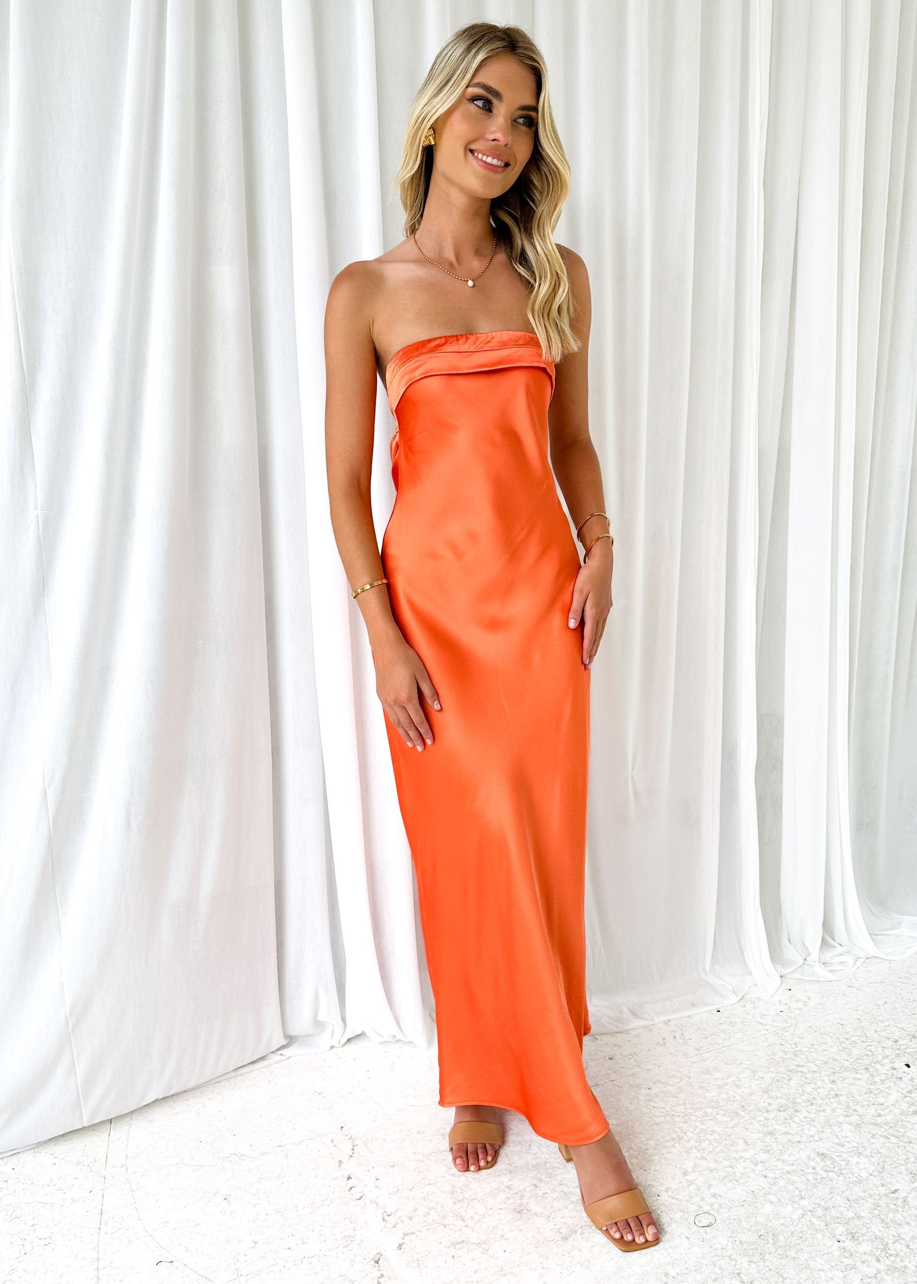 Xyla Strapless Midi Dress - Orange