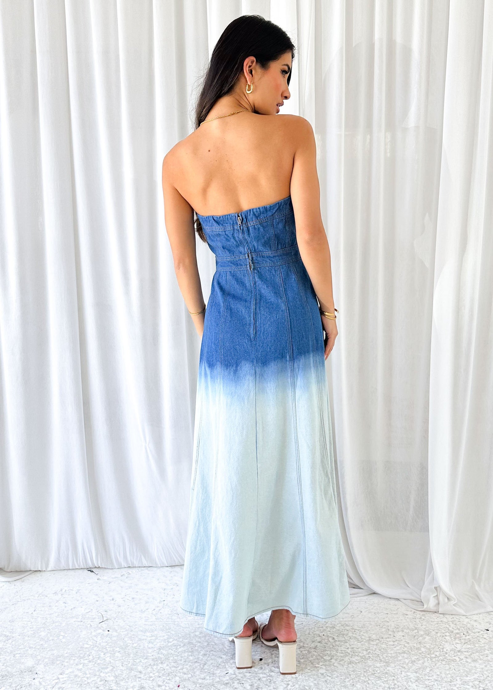 Emina Strapless Denim Maxi Dress - Washed Blue  Gingham & Heels