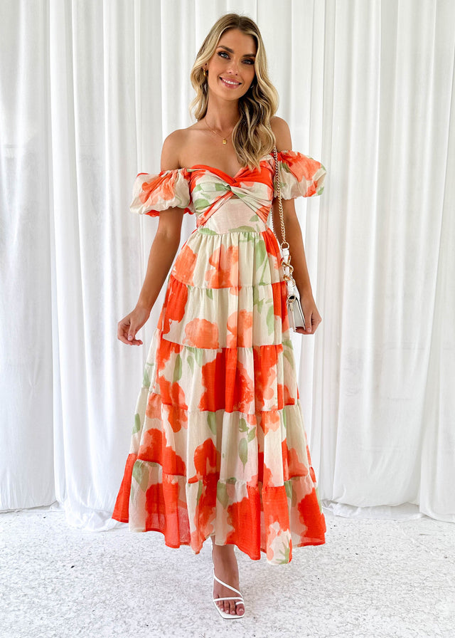 Melissandre Off Shoulder Midi Dress - Tangerine Flowers