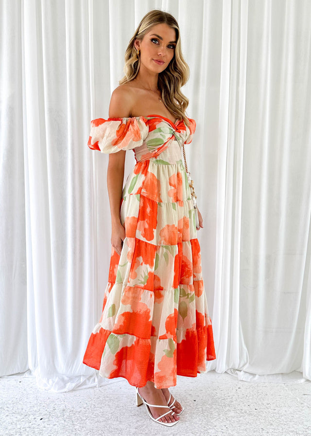 Melissandre Off Shoulder Midi Dress - Tangerine Flowers