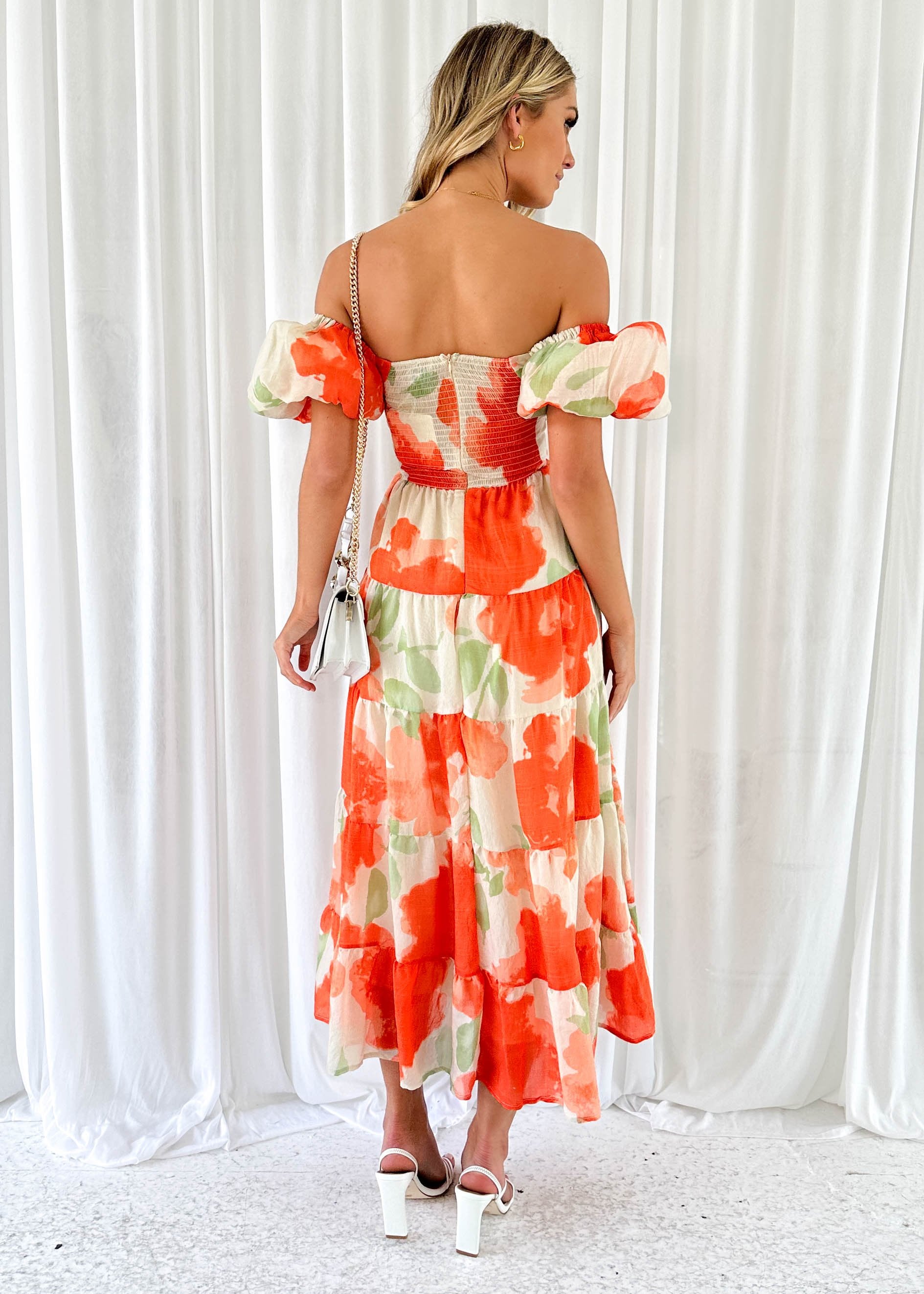 Melissandre Off Shoulder Midi Dress - Tangerine Flowers