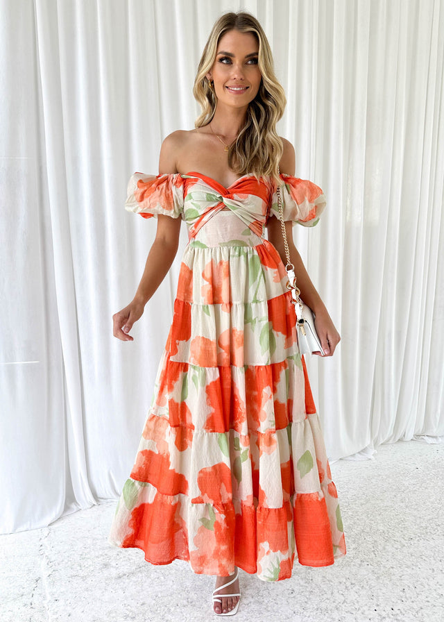 Melissandre Off Shoulder Midi Dress - Tangerine Flowers