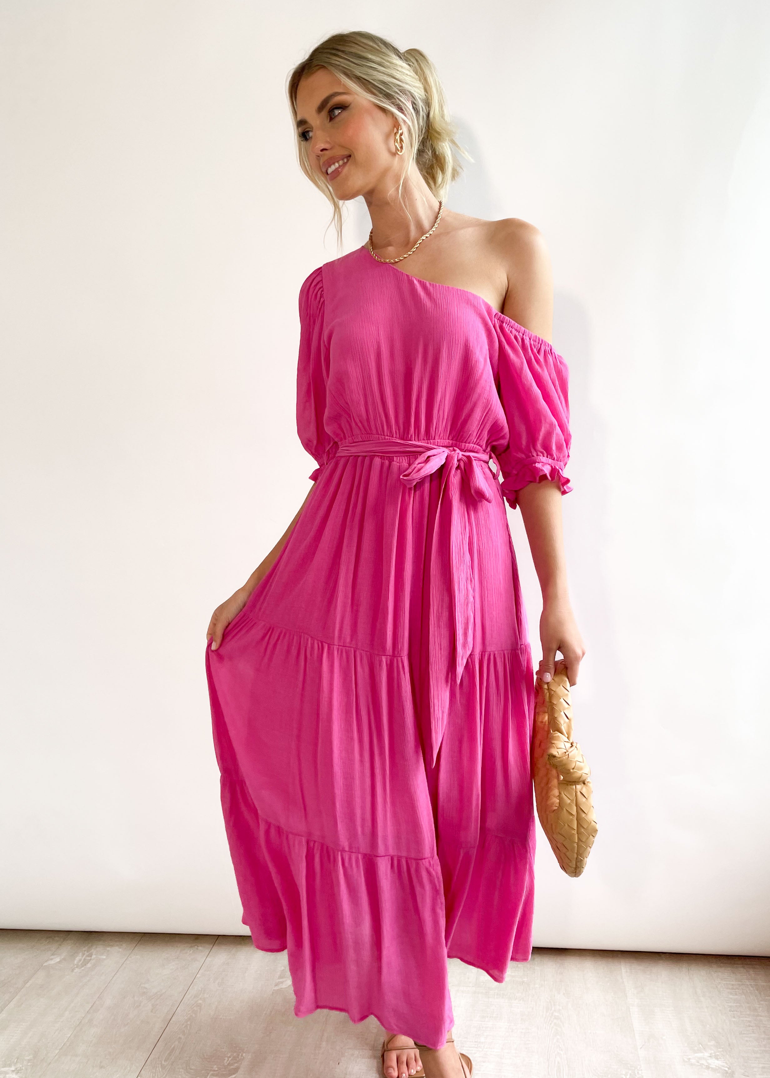 Kaidence One Shoulder Midi Dress - Hot Pink