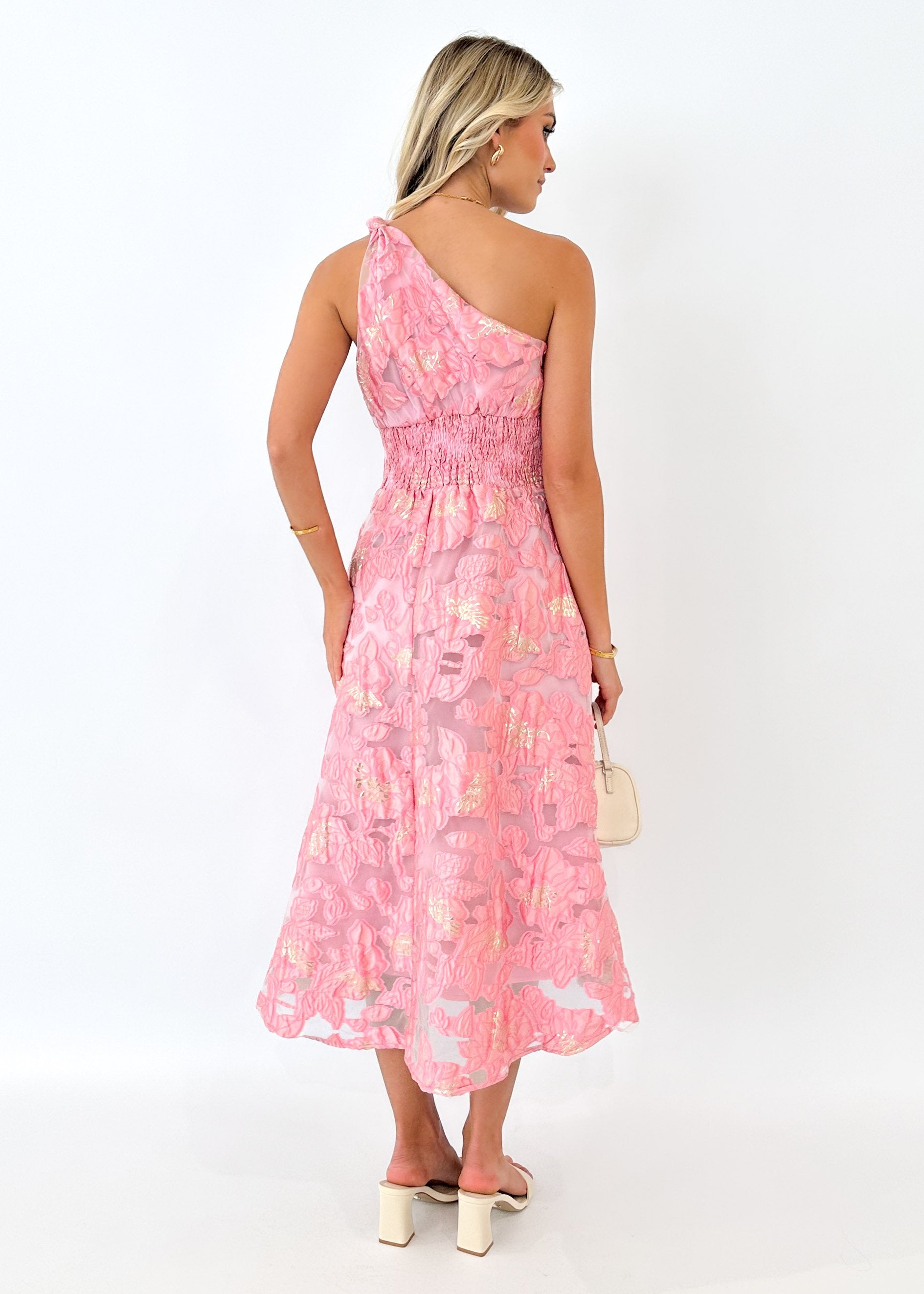 Gellina One Shoulder Midi Dress - Candy Pink Jacquard