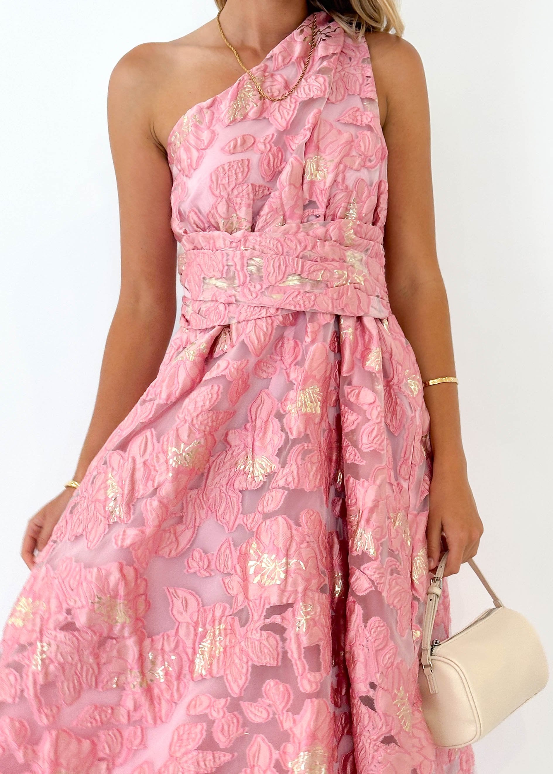 Gellina One Shoulder Midi Dress - Candy Pink Jacquard