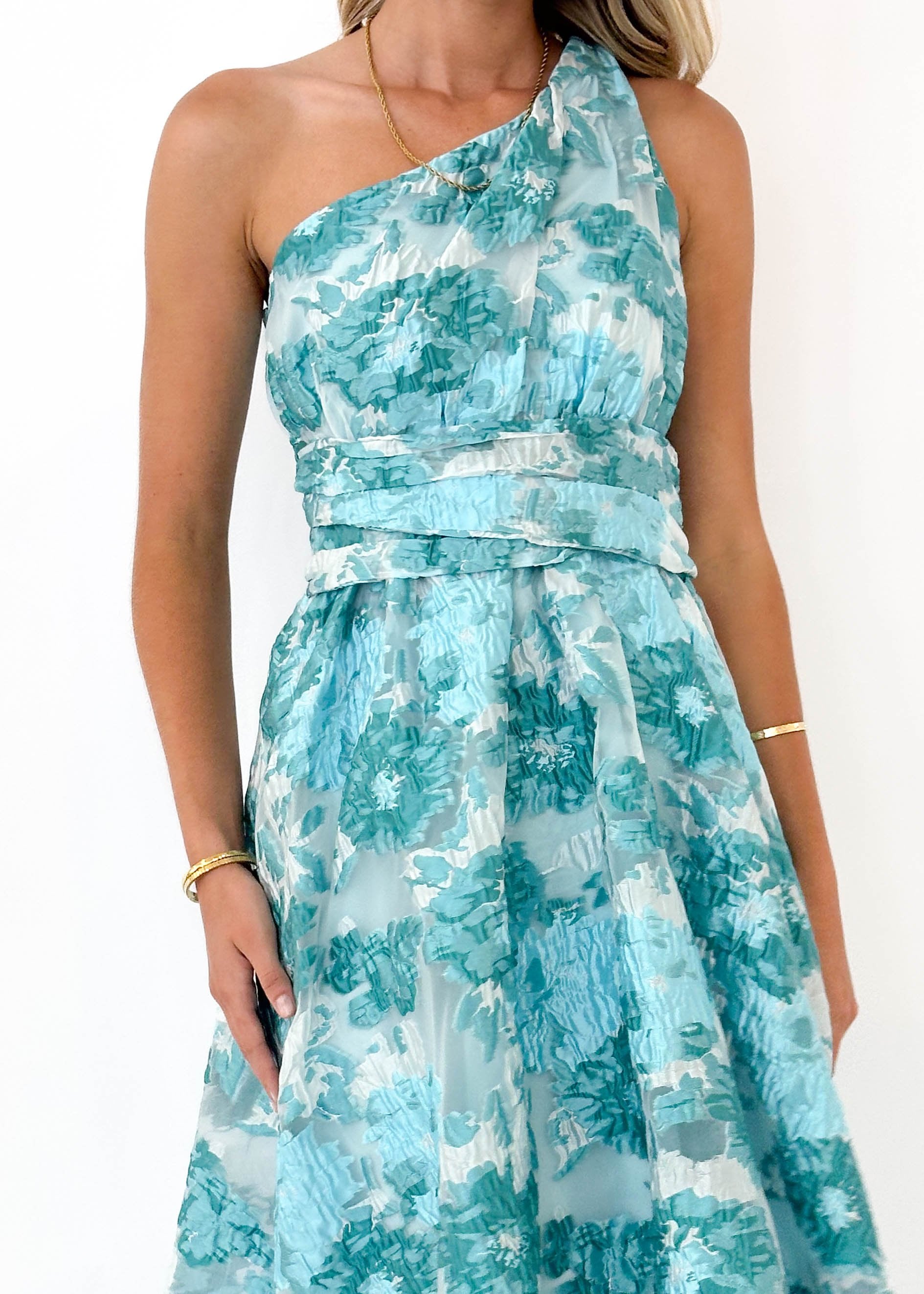 Gellina One Shoulder Midi Dress - Aqua Jacquard