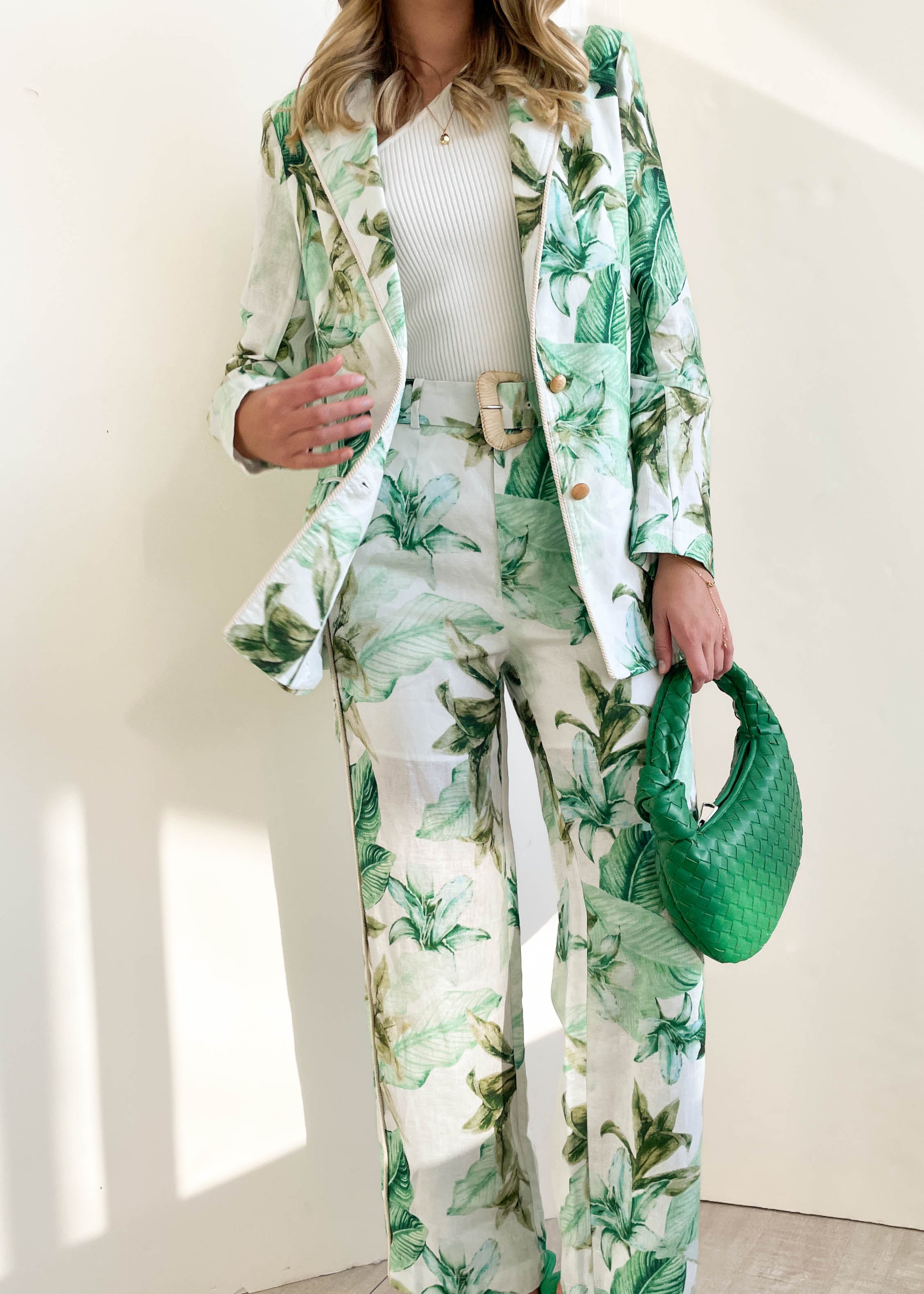 Monet Linen Blazer - Green Flowers