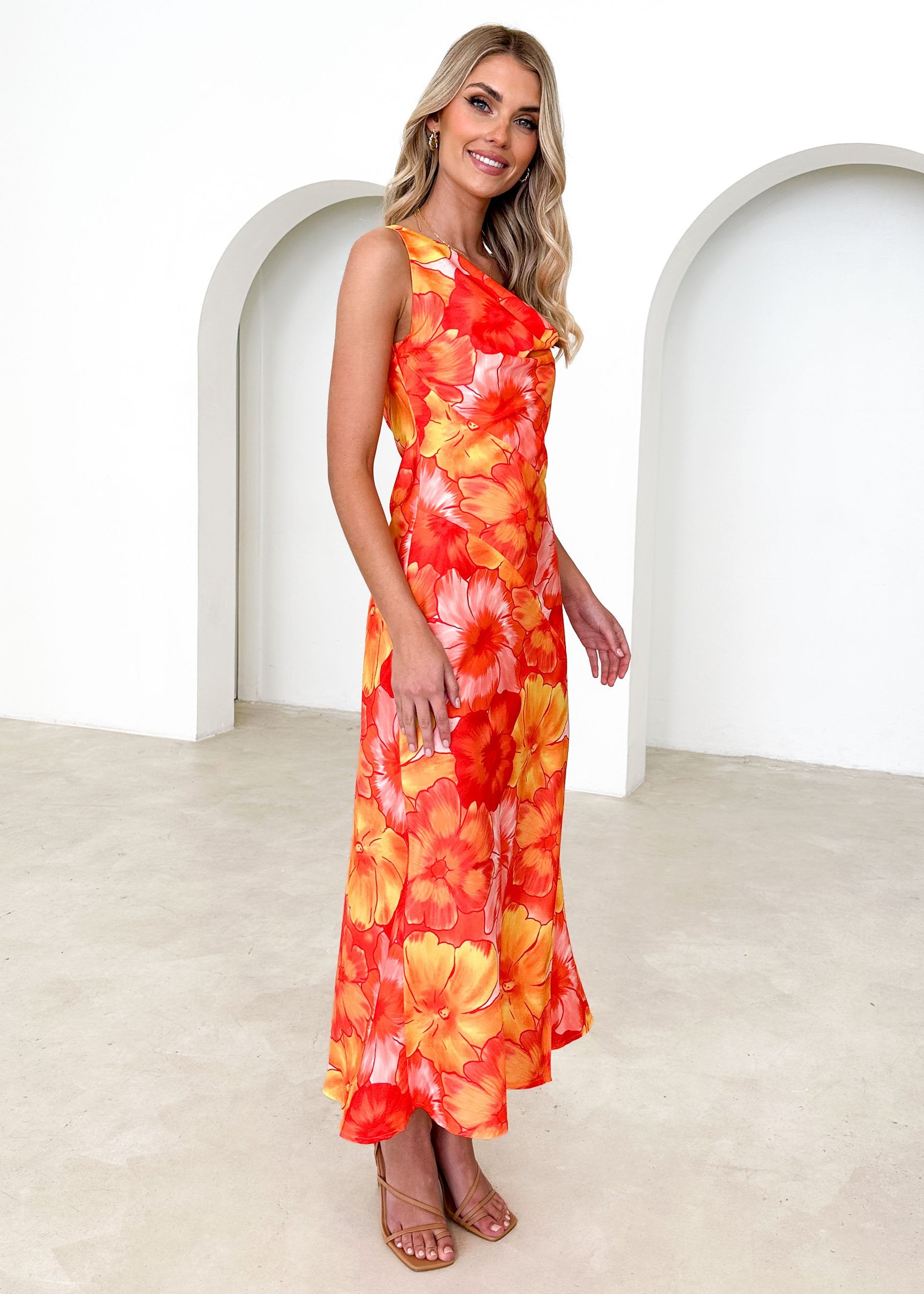 Hatzis One Shoulder Midi Dress - Tangerine Floral