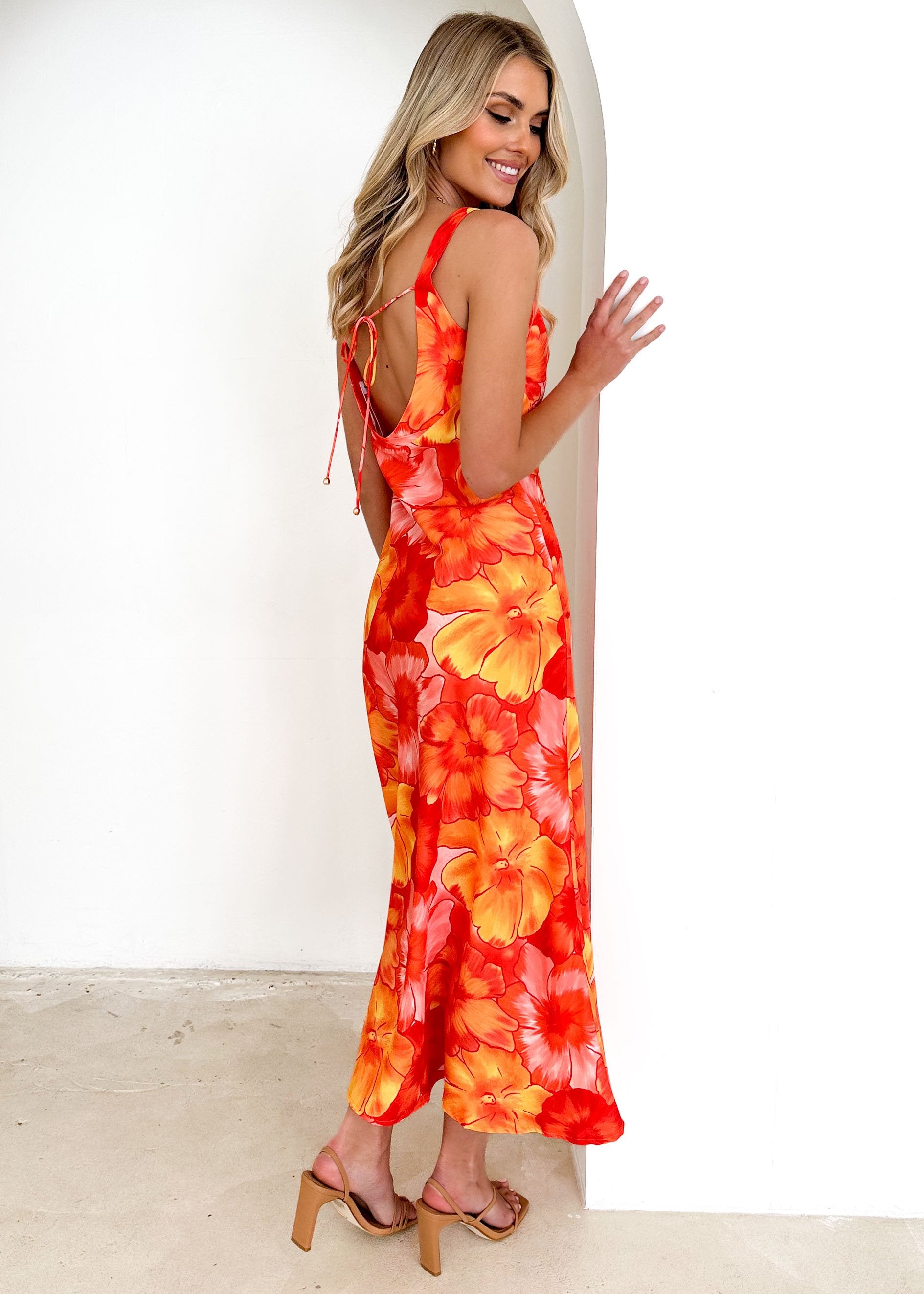 Hatzis One Shoulder Midi Dress - Tangerine Floral