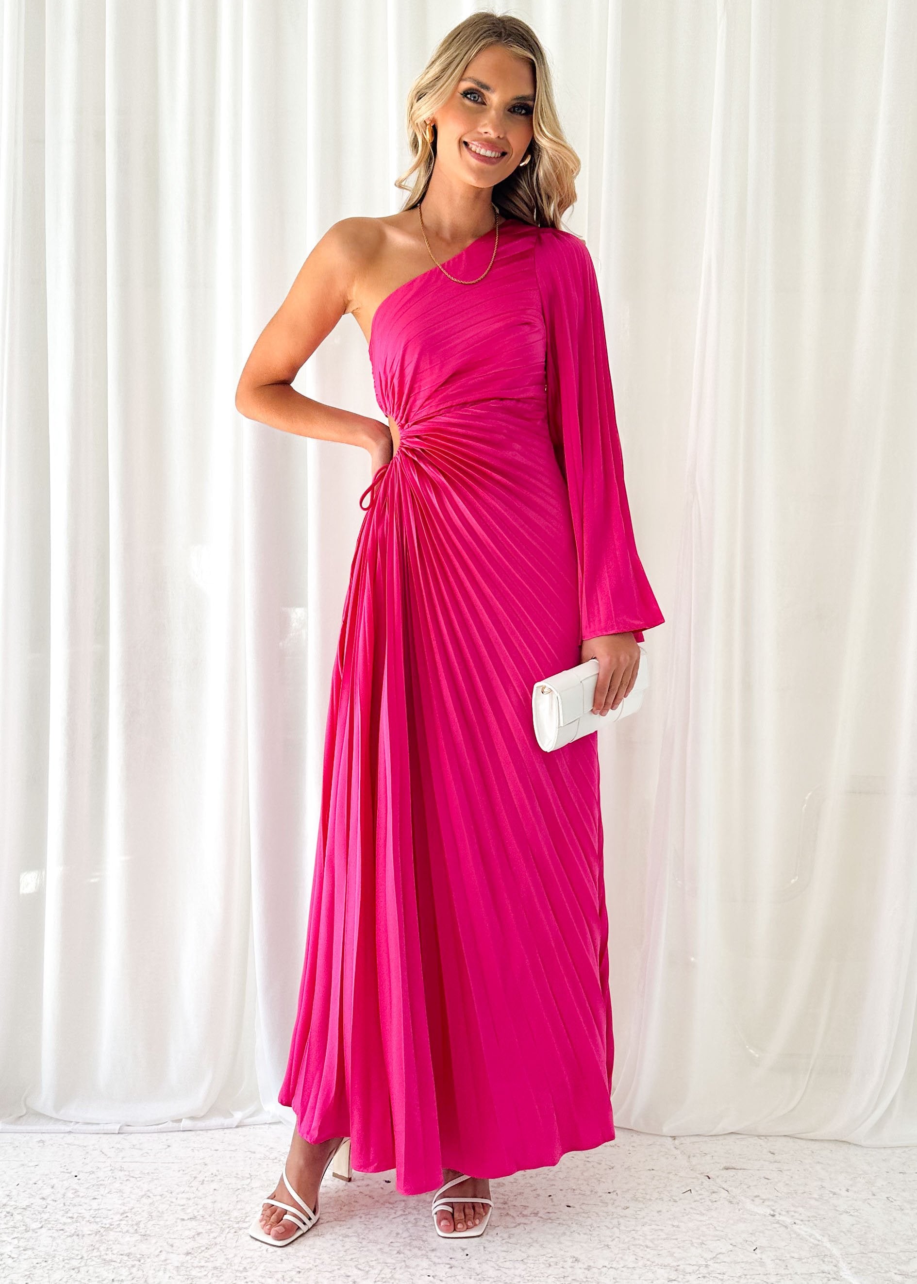 Amore One Shoulder Midi Dress - Hot Pink