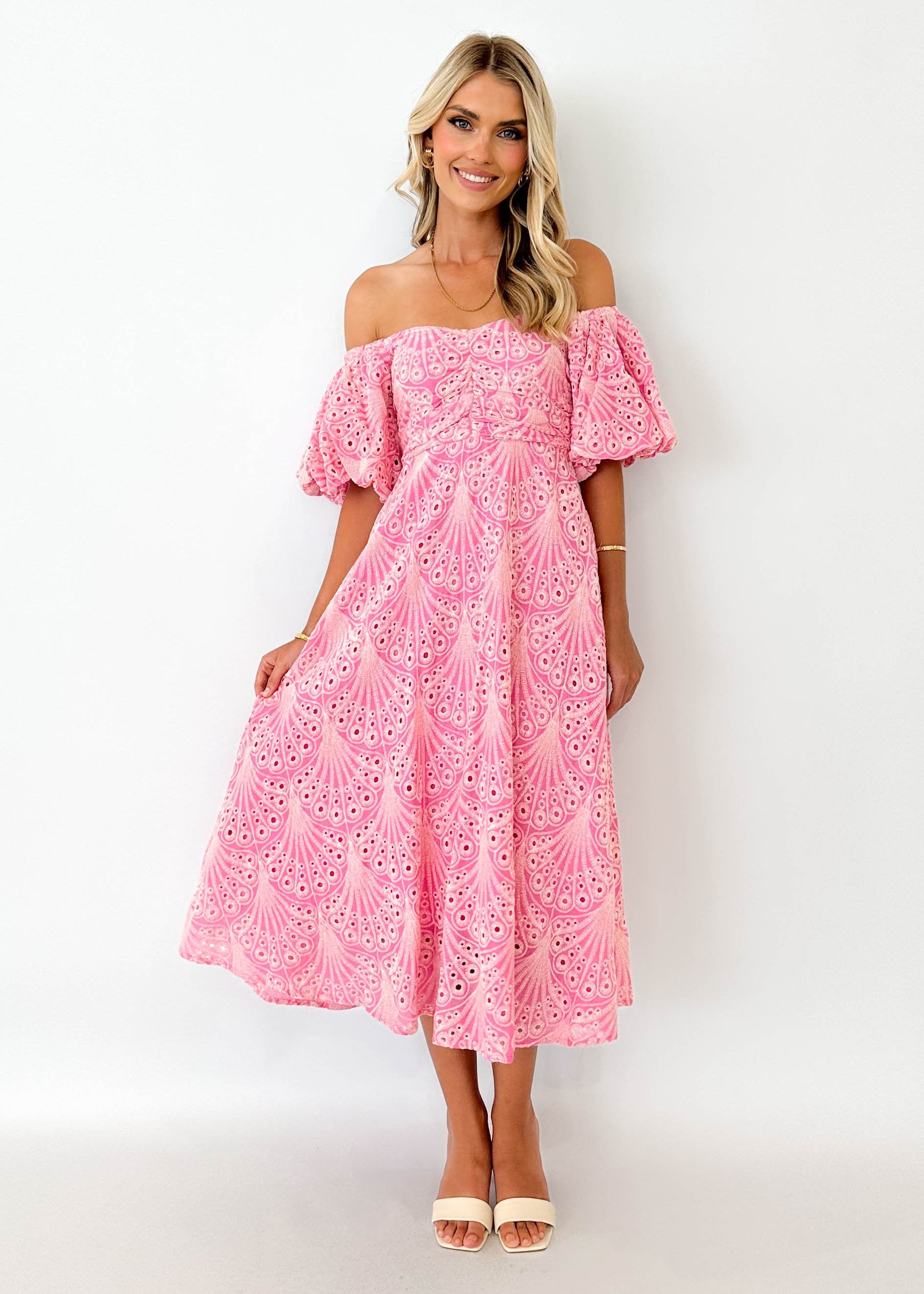 Sion Off Shoulder Midi Dress - Pink Anglaise
