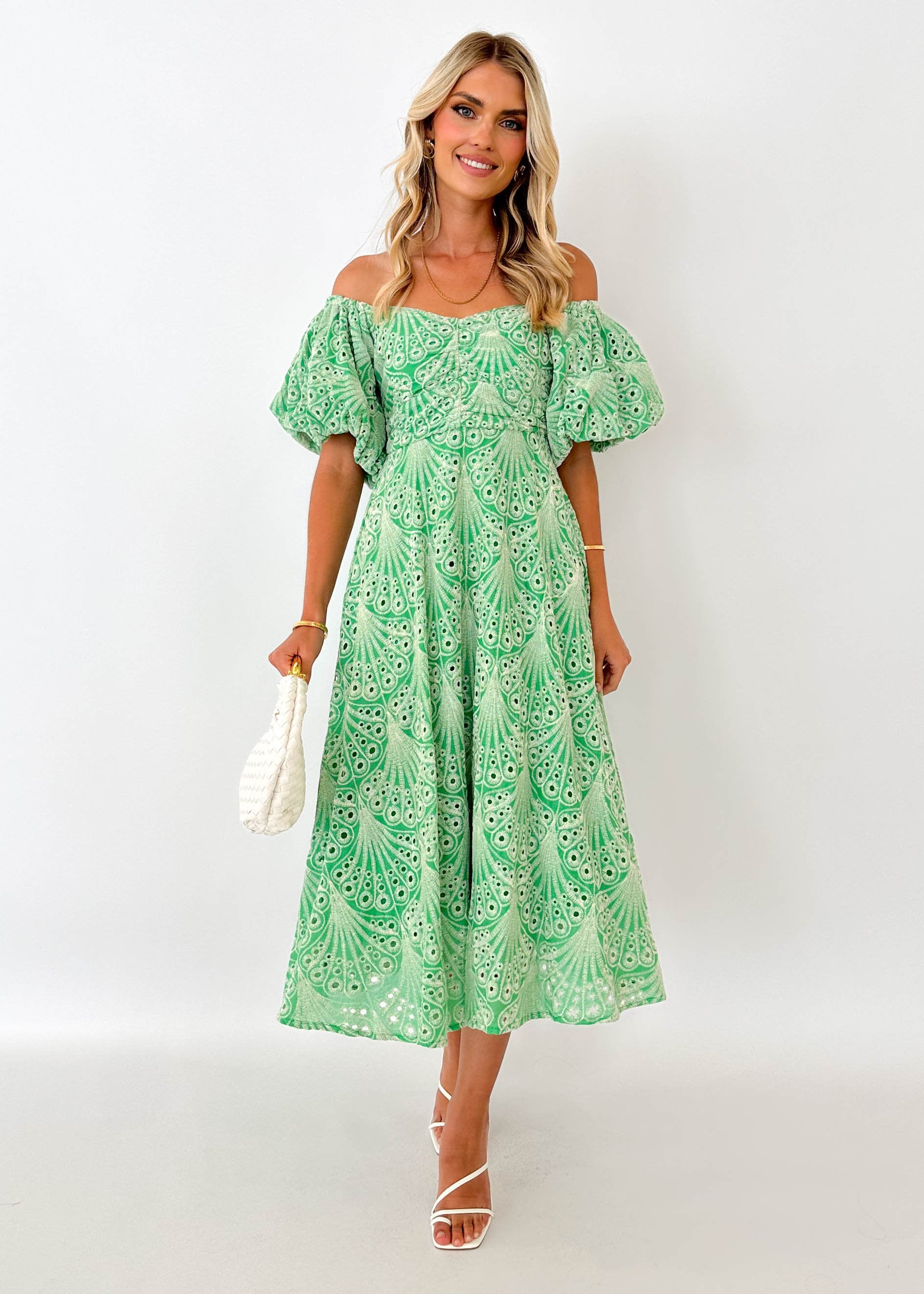 Sion Off Shoulder Midi Dress - Mint Anglaise