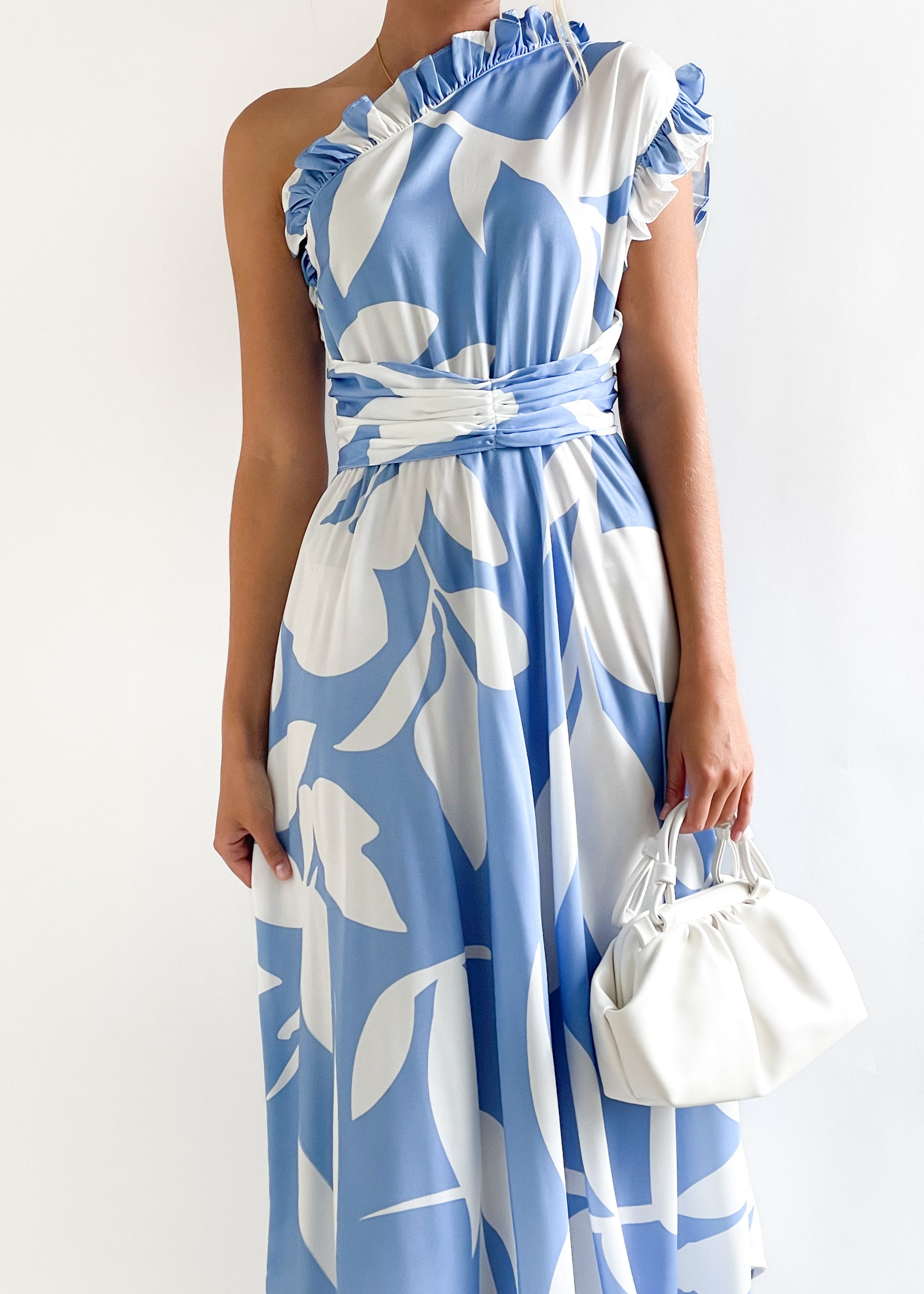 Elyna One Shoulder Midi Dress - Blue Leaf