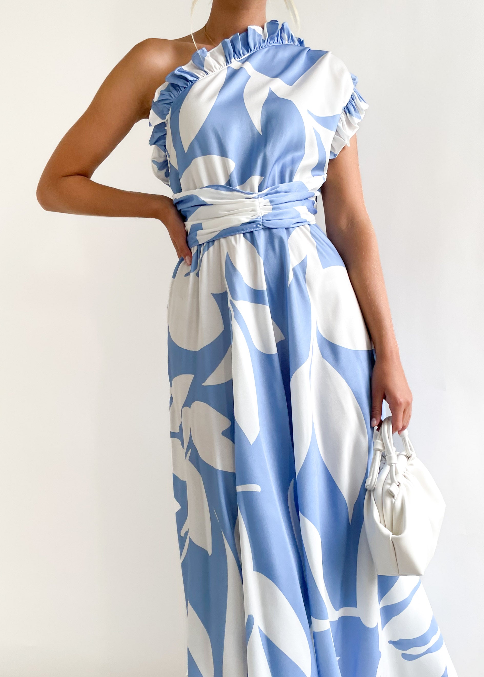 Elyna One Shoulder Midi Dress - Blue Leaf