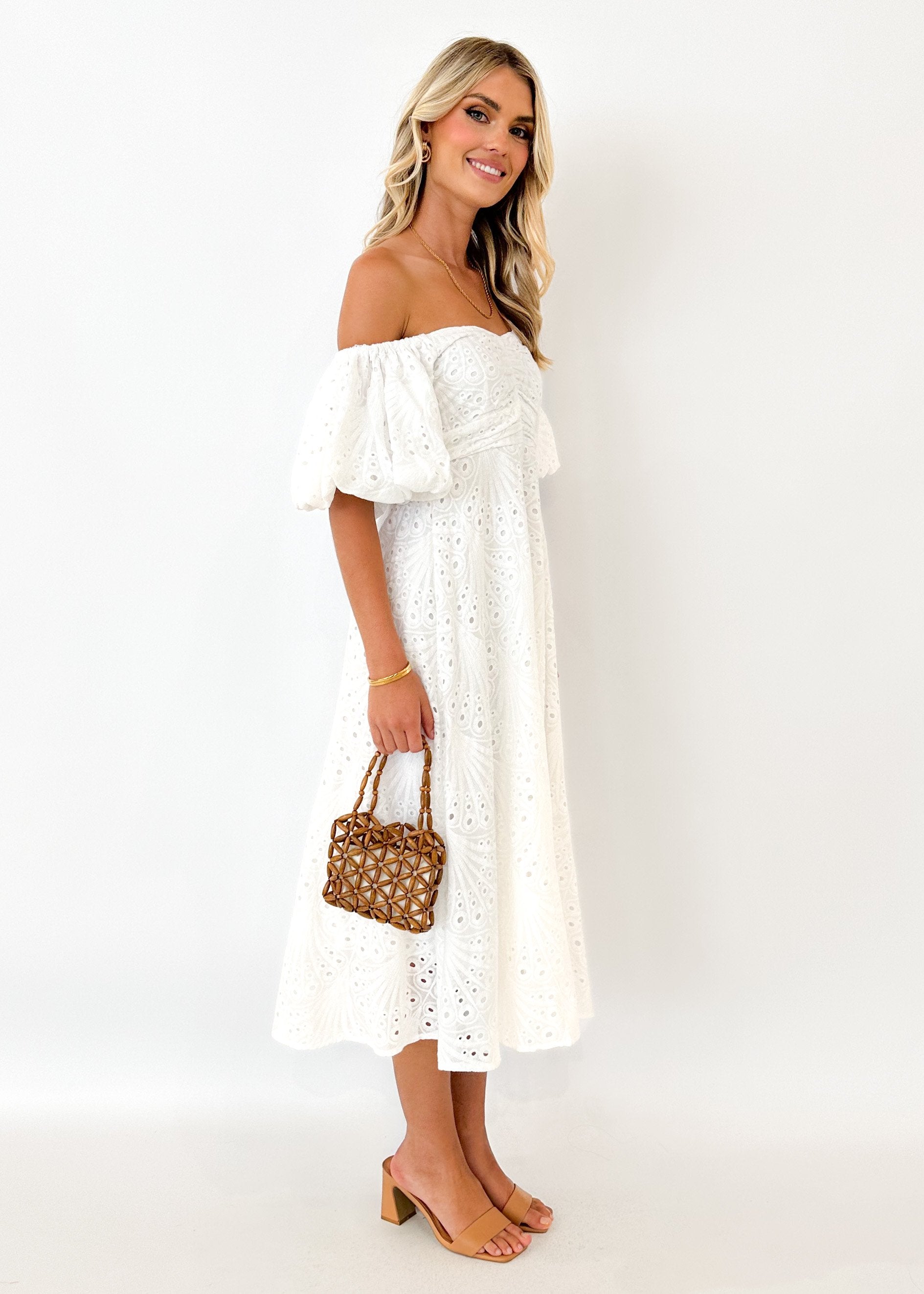 Sion Off Shoulder Midi Dress - White Anglaise