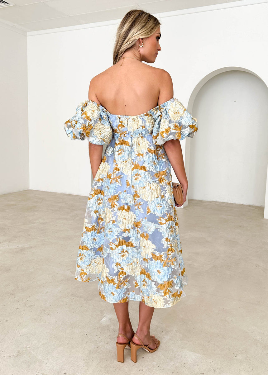 Tulliah Off Shoulder Midi Dress - Blue Jacquard