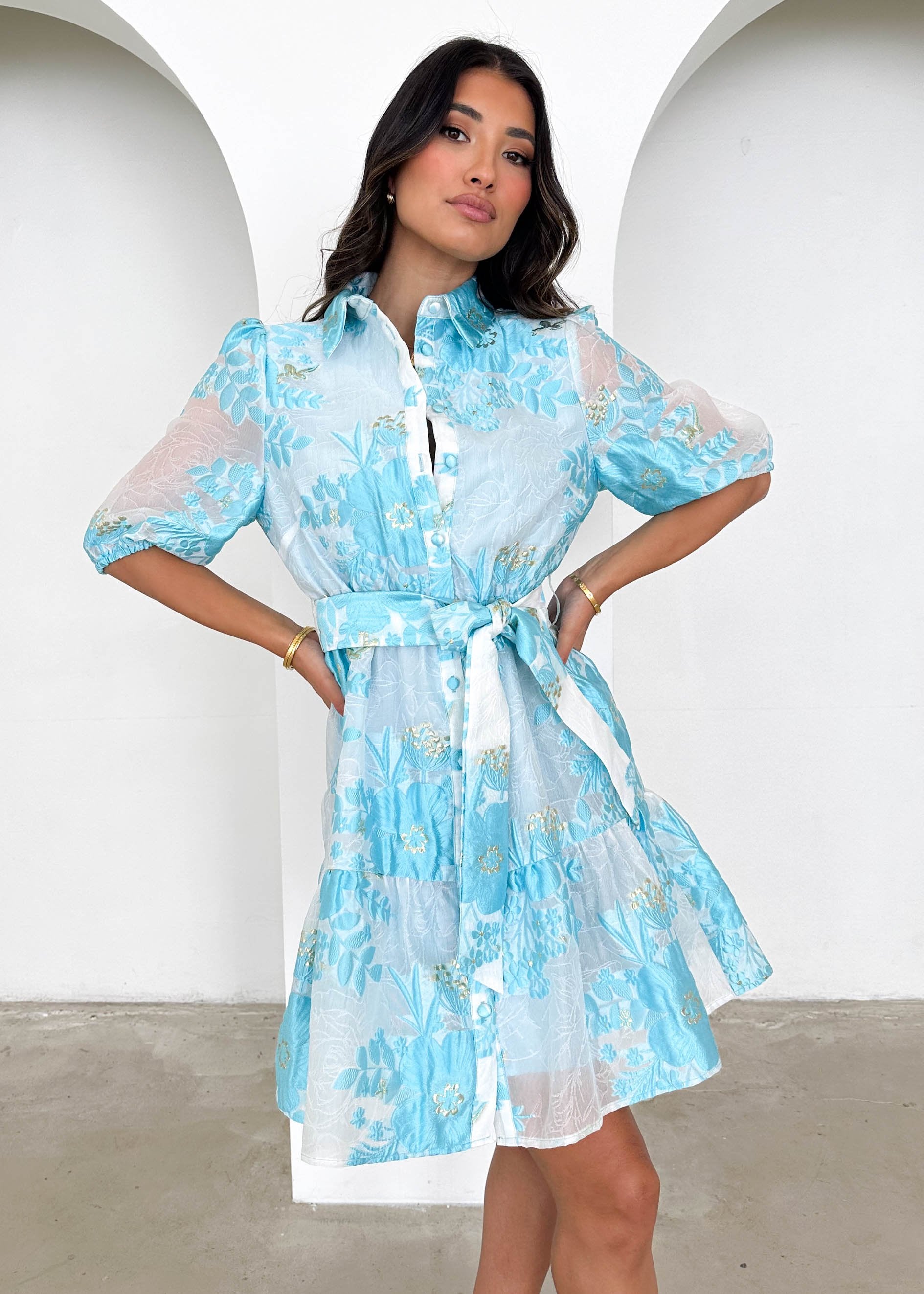 Glazer Dress - Pale Blue Brocade