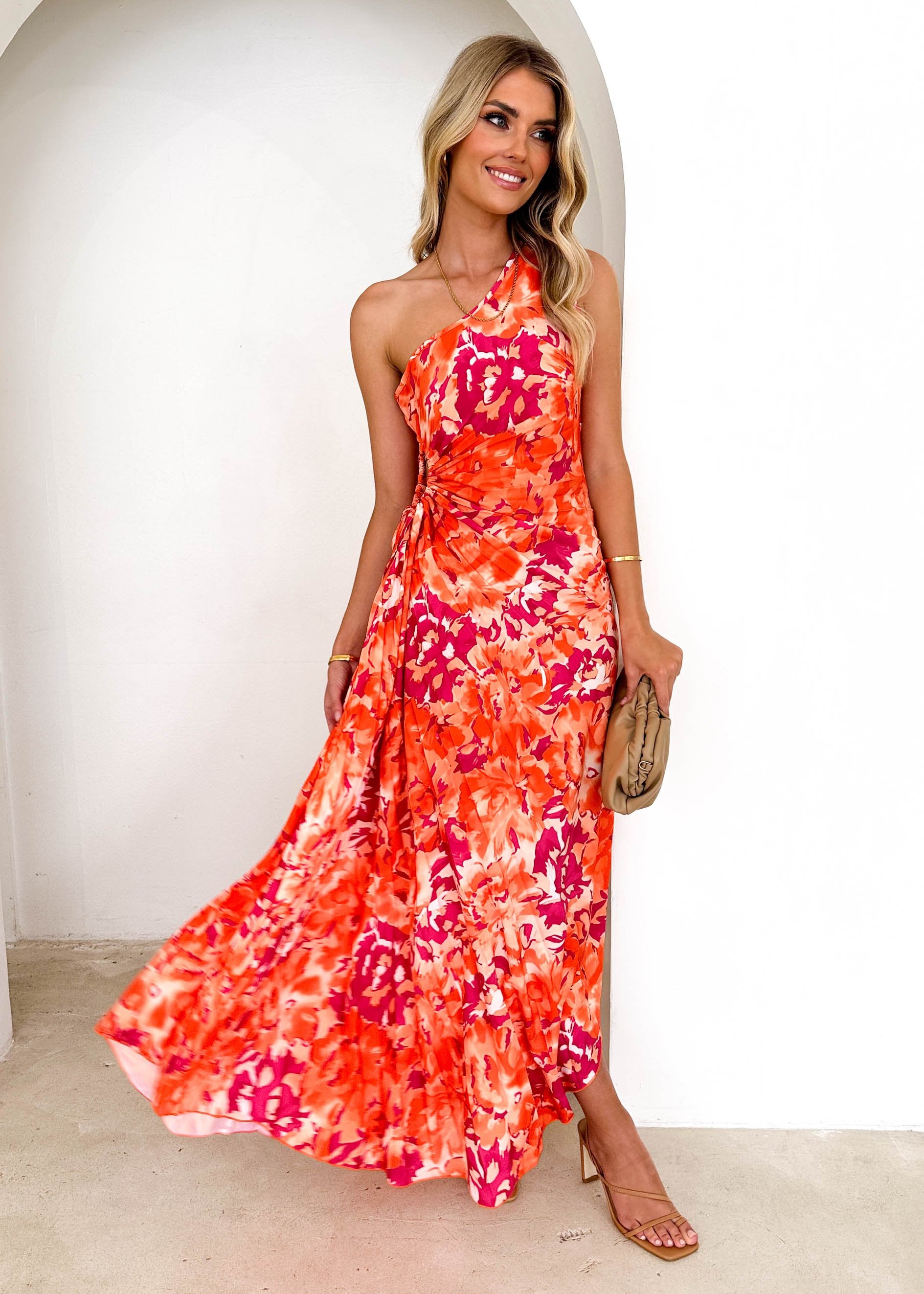 Kayta One Shoulder Midi Dress - Tangerine Floral