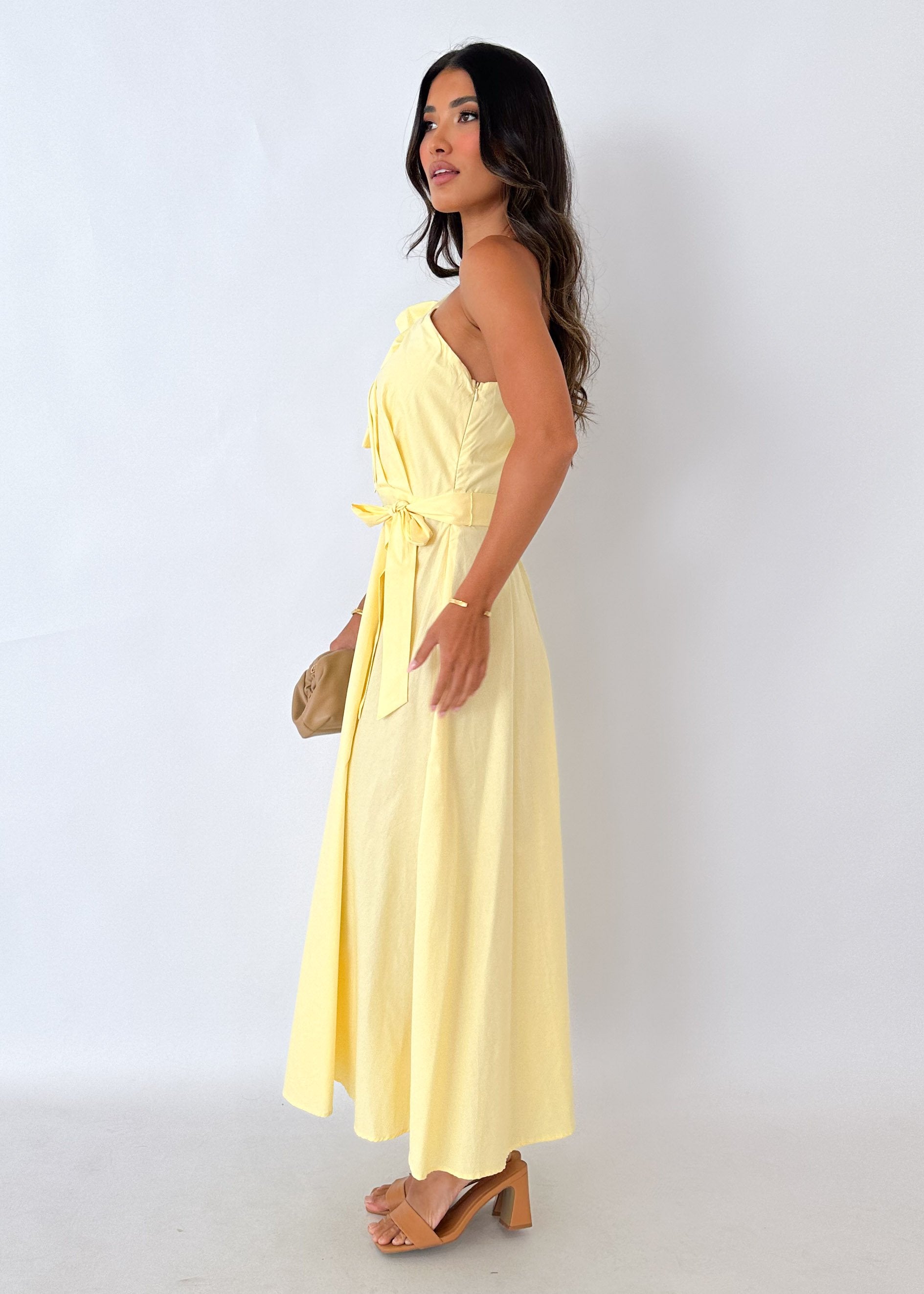 Rowler One Shoulder Midi Dress - Lemon