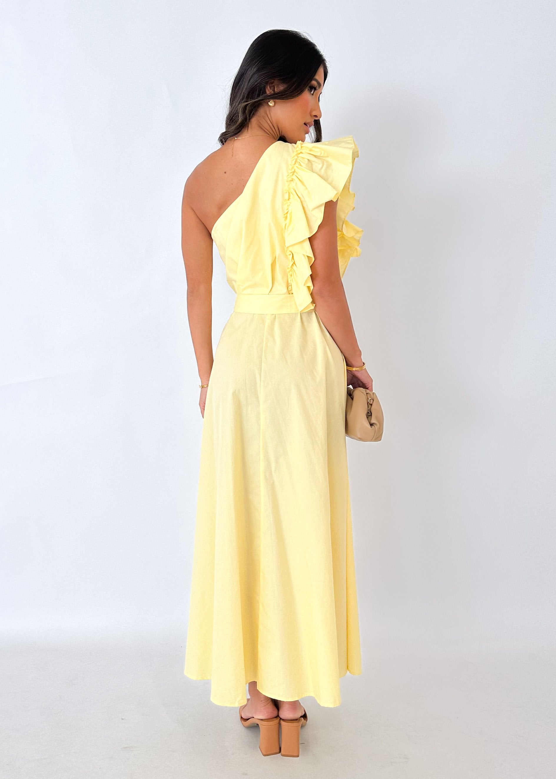Rowler One Shoulder Midi Dress - Lemon