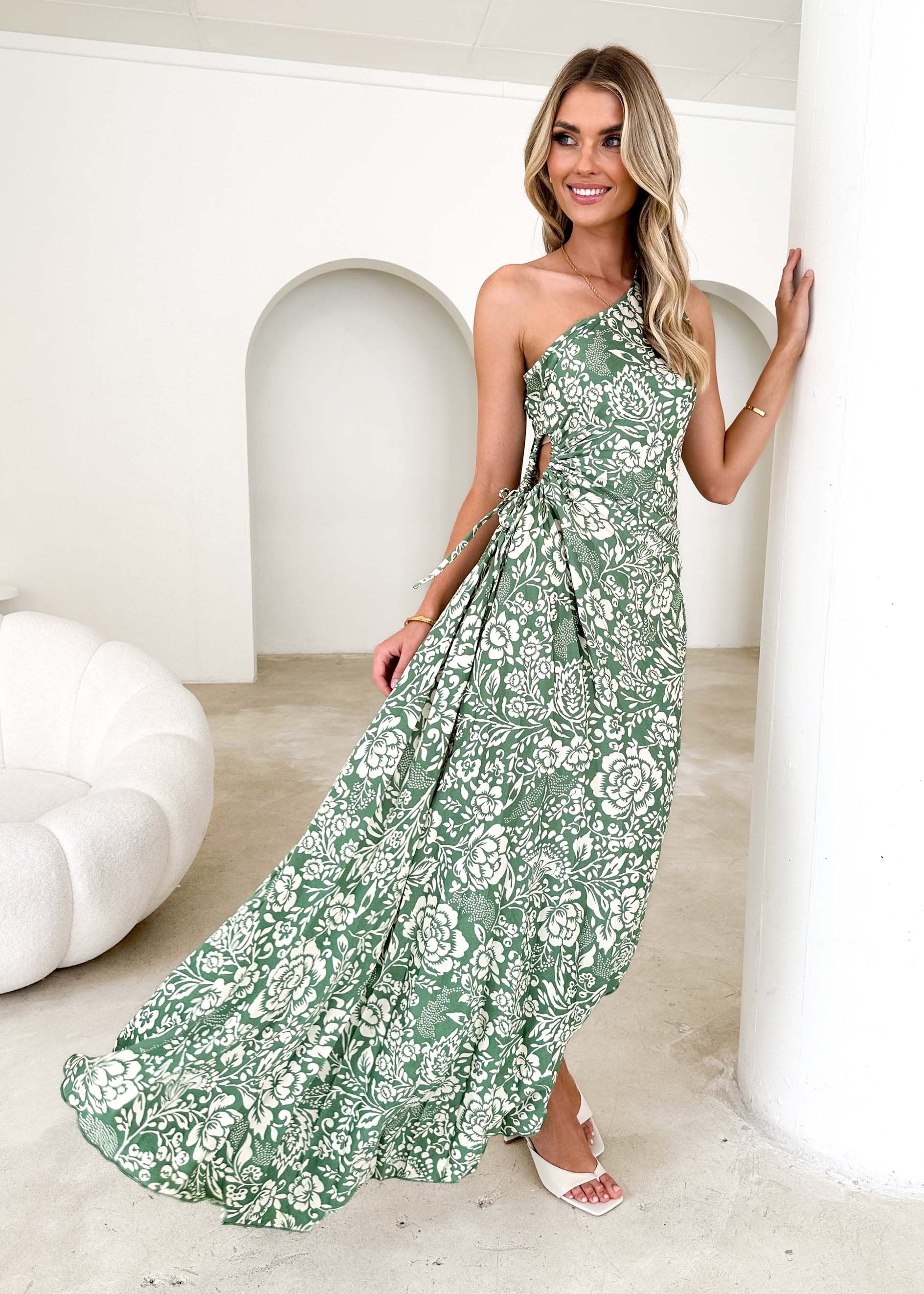 Kayta One Shoulder Midi Dress - Fern Floral