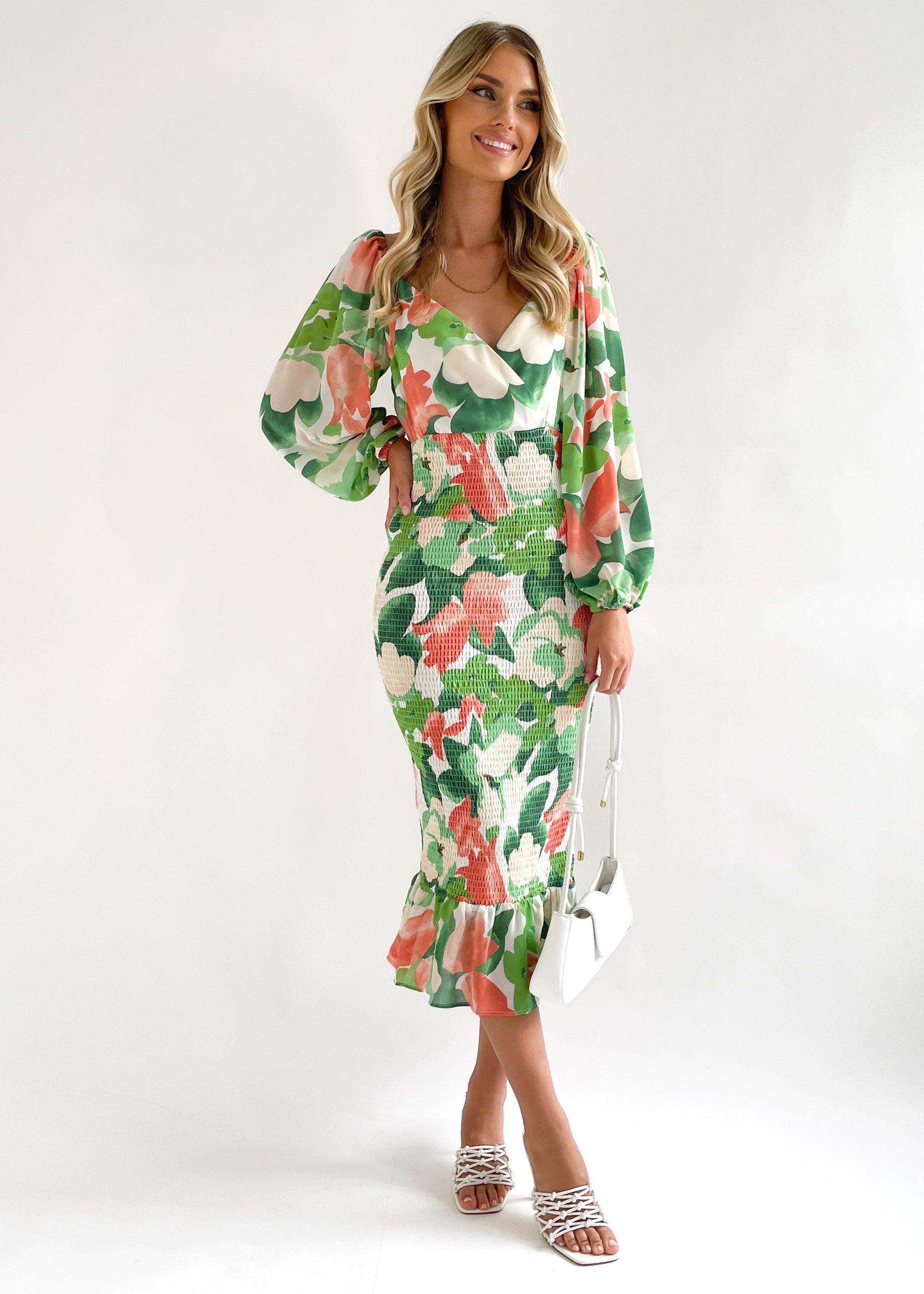 Talya Shirred Midi Dress - Green Floral
