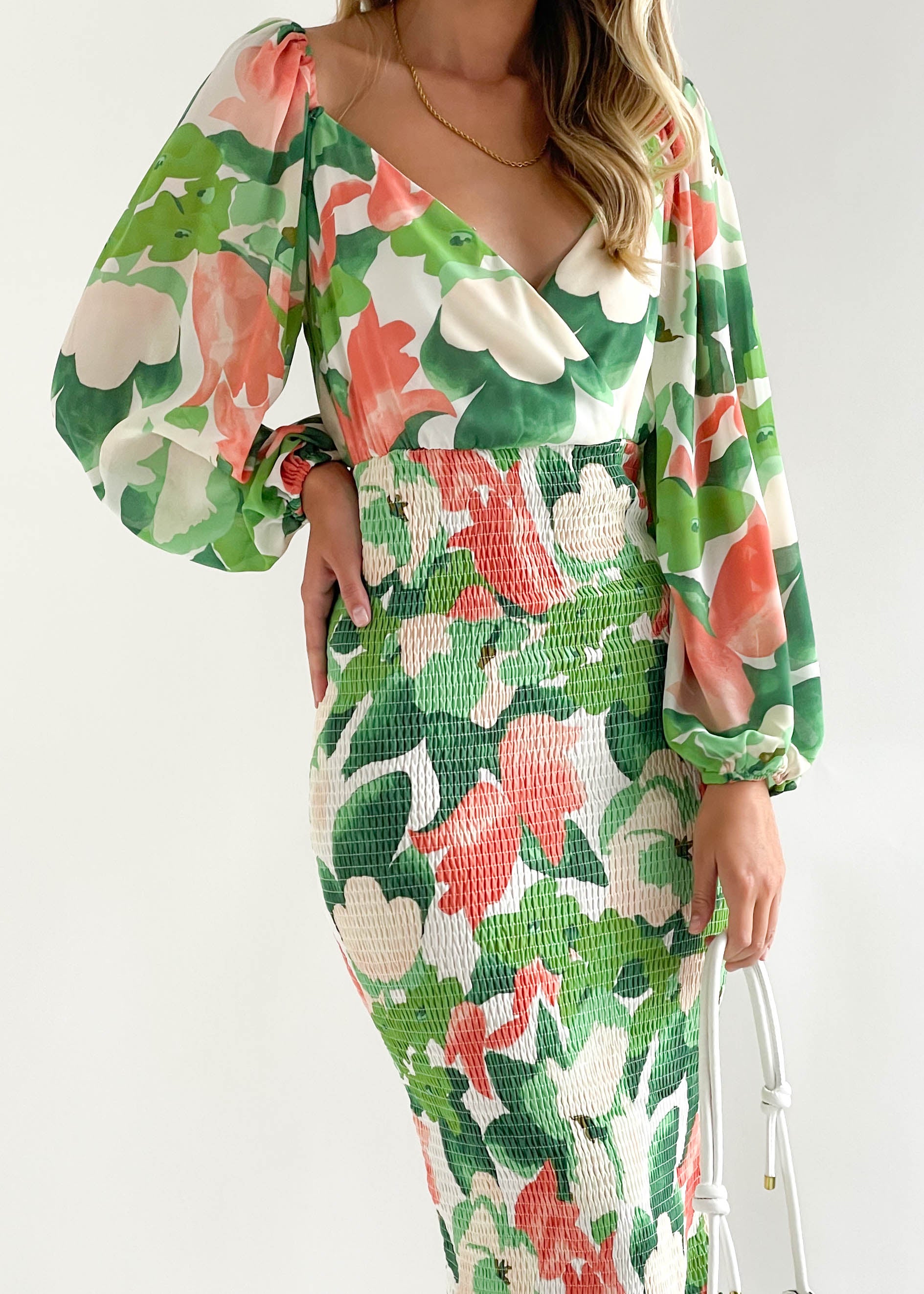 Talya Shirred Midi Dress - Green Floral