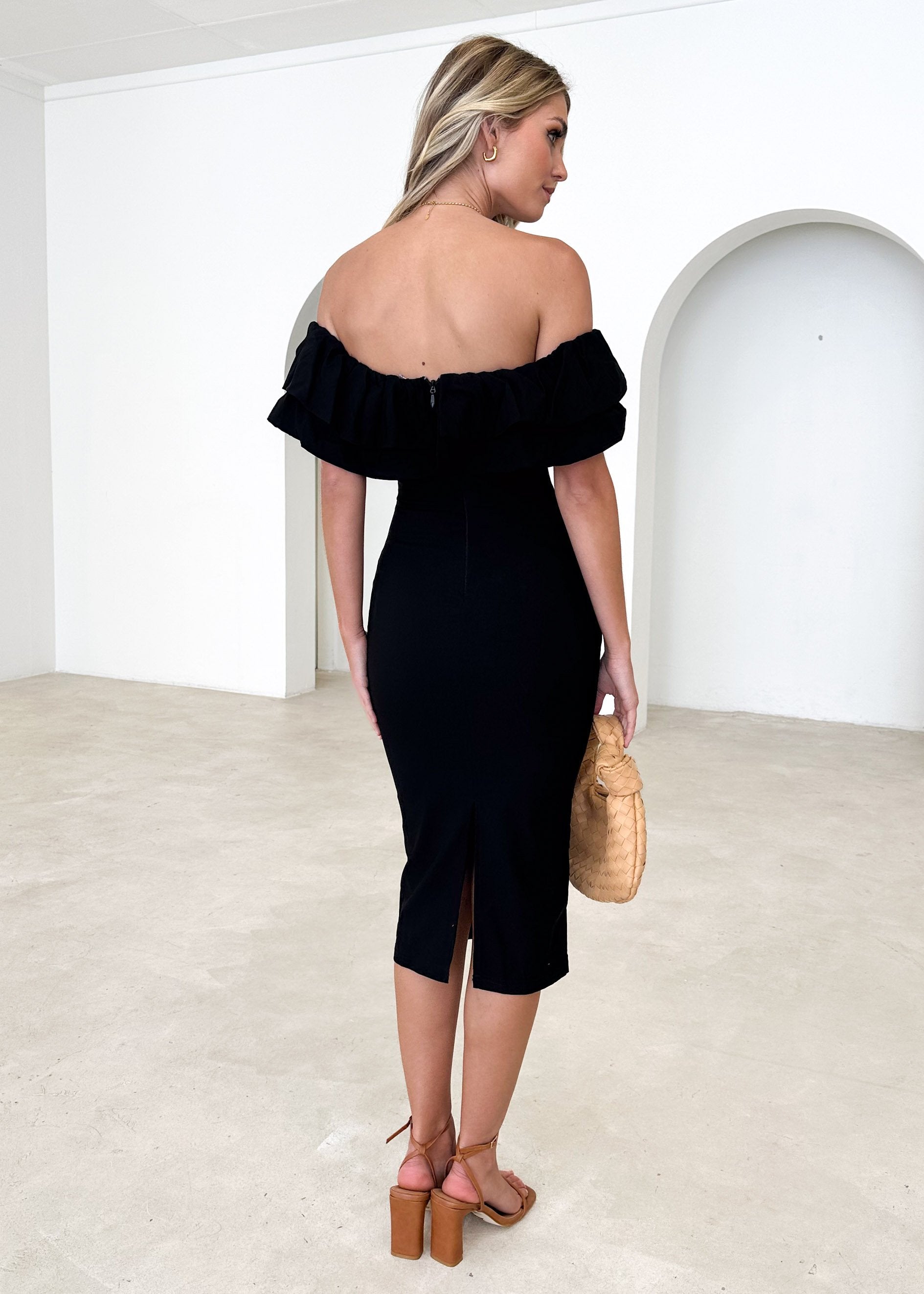 Poplin Off Shoulder Midi Dress - Black