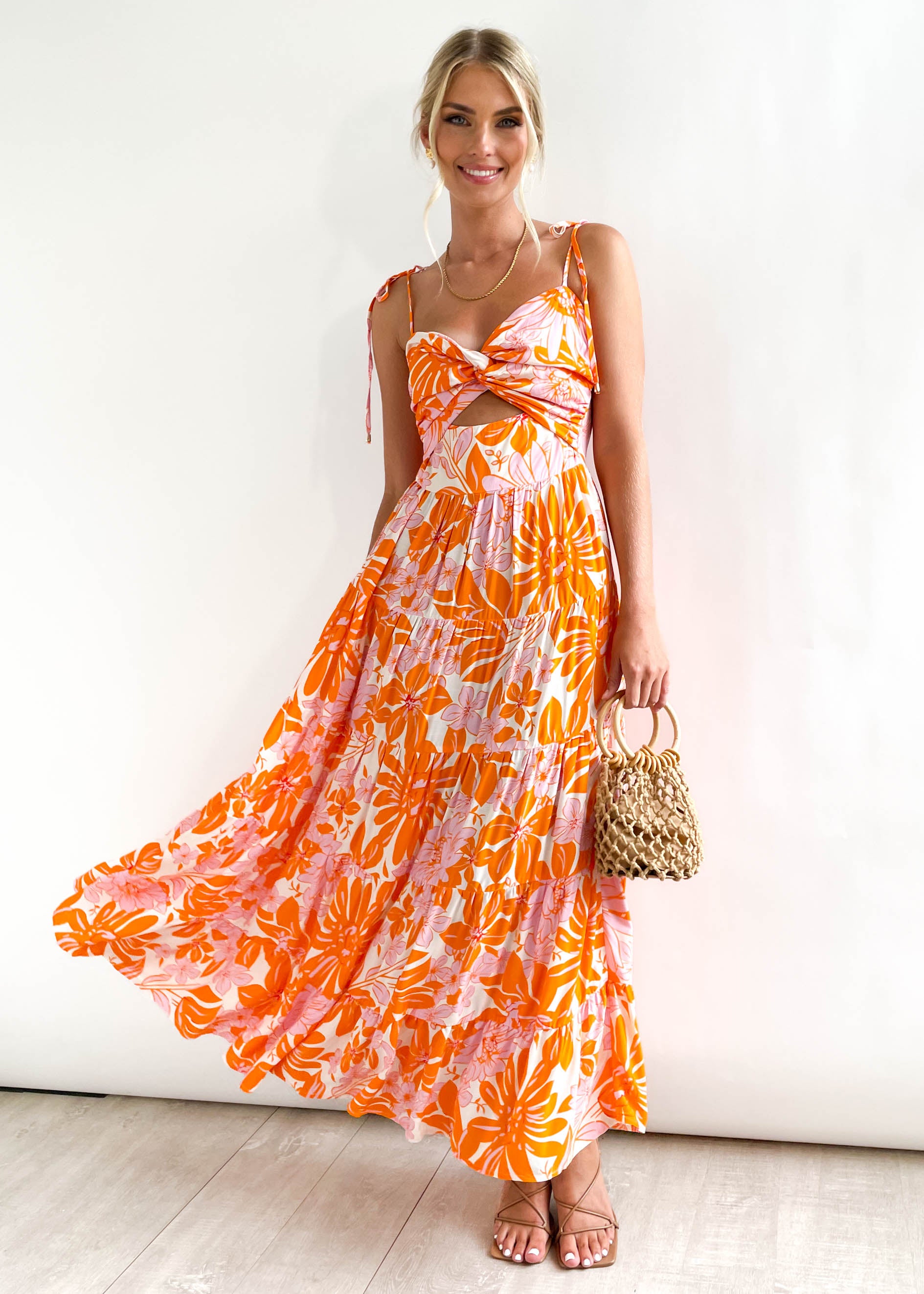 Jenelin Midi Dress - Tangerine Flowers