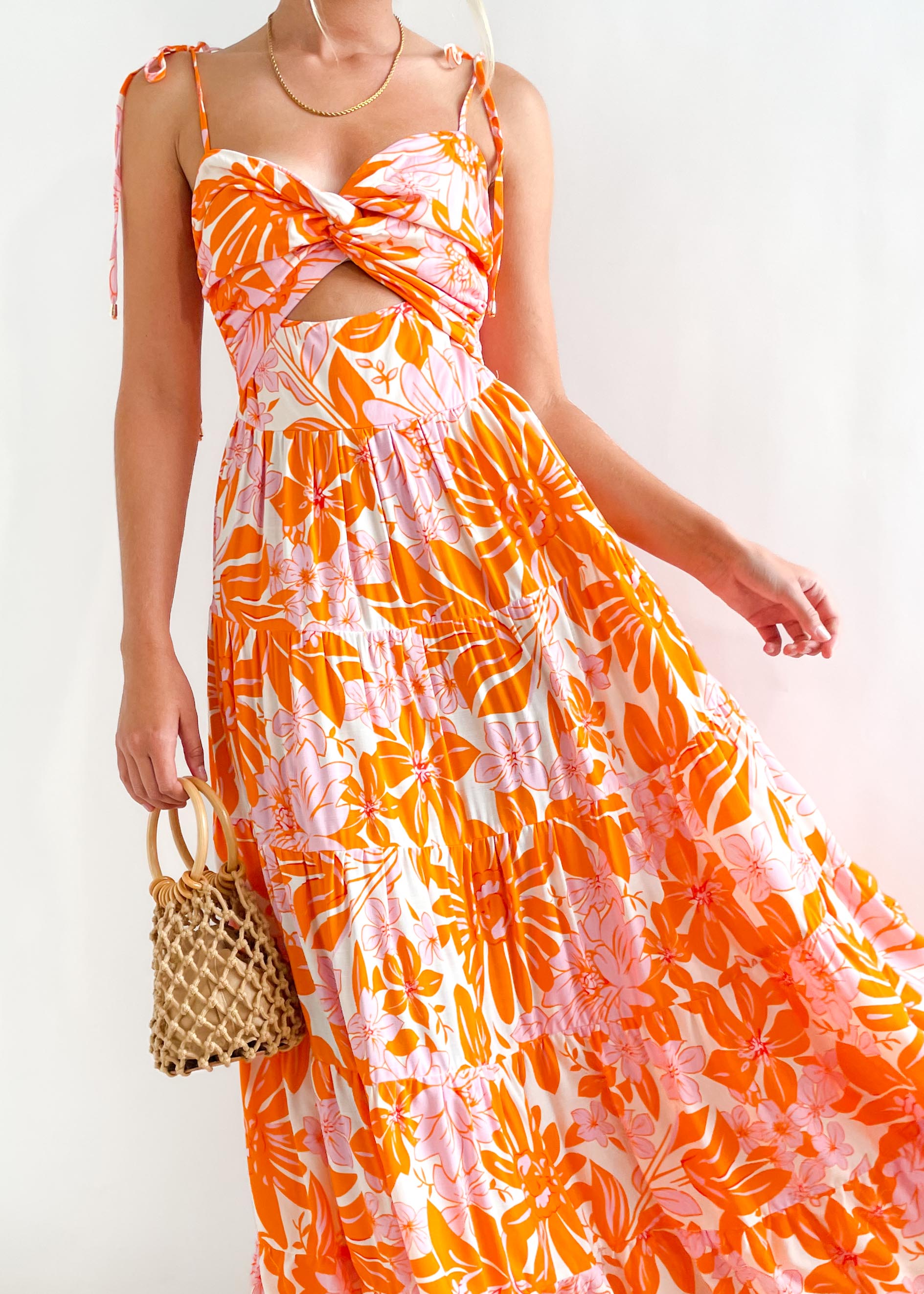 Jenelin Midi Dress - Tangerine Flowers