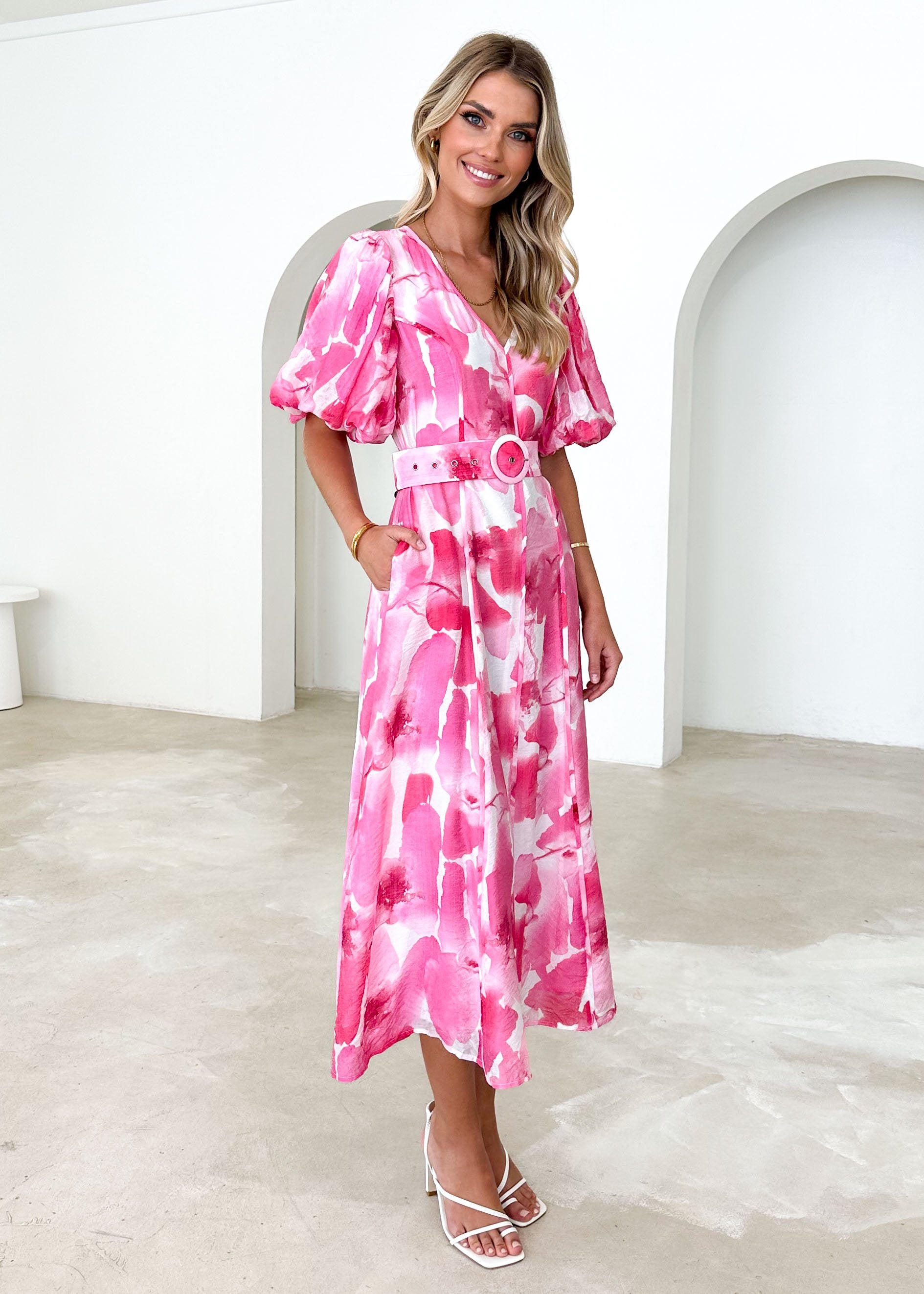 Orlan Midi Dress - Pink Watercolour