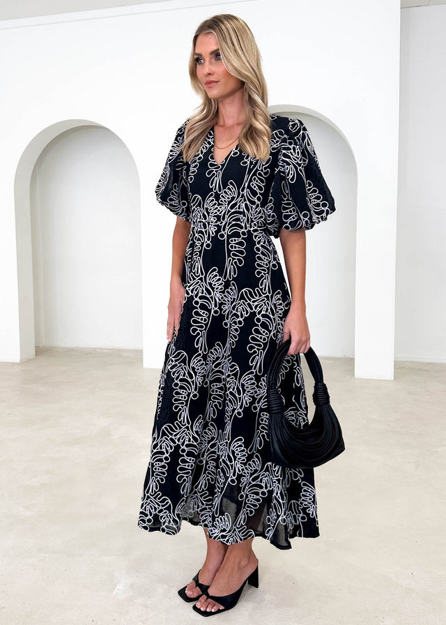 Ninetta Midi Dress - Black Embroidered