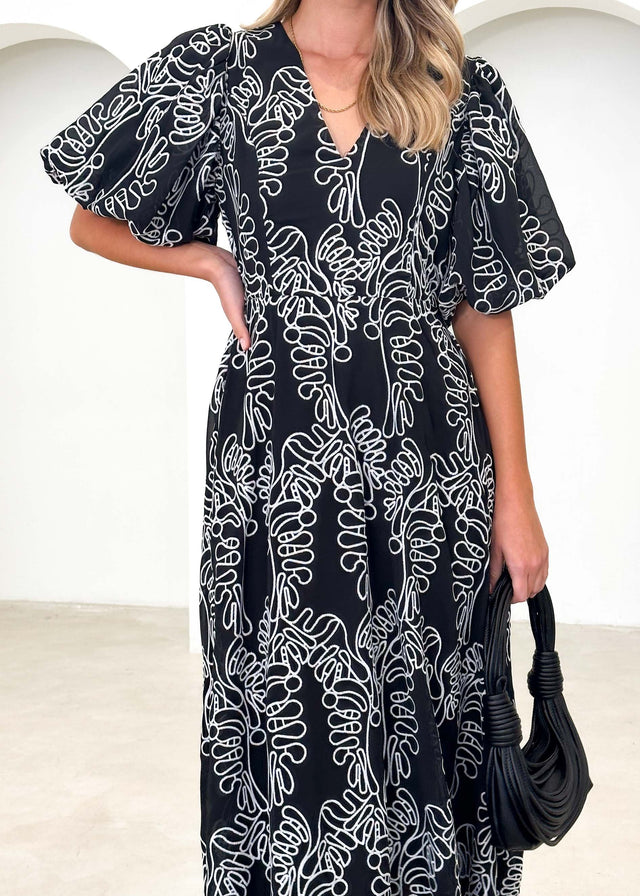 Ninetta Midi Dress - Black Embroidered