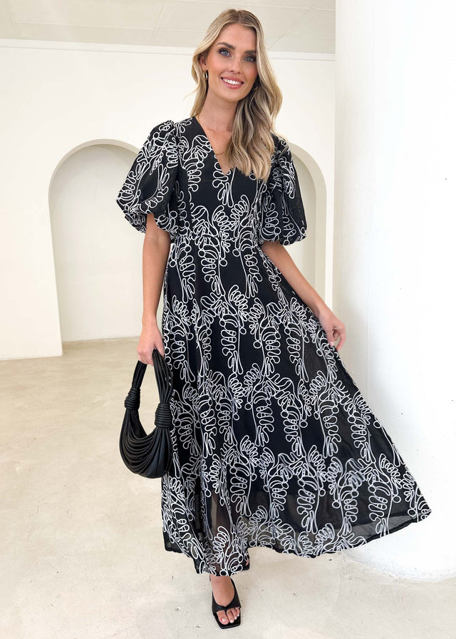 Ninetta Midi Dress - Black Embroidered