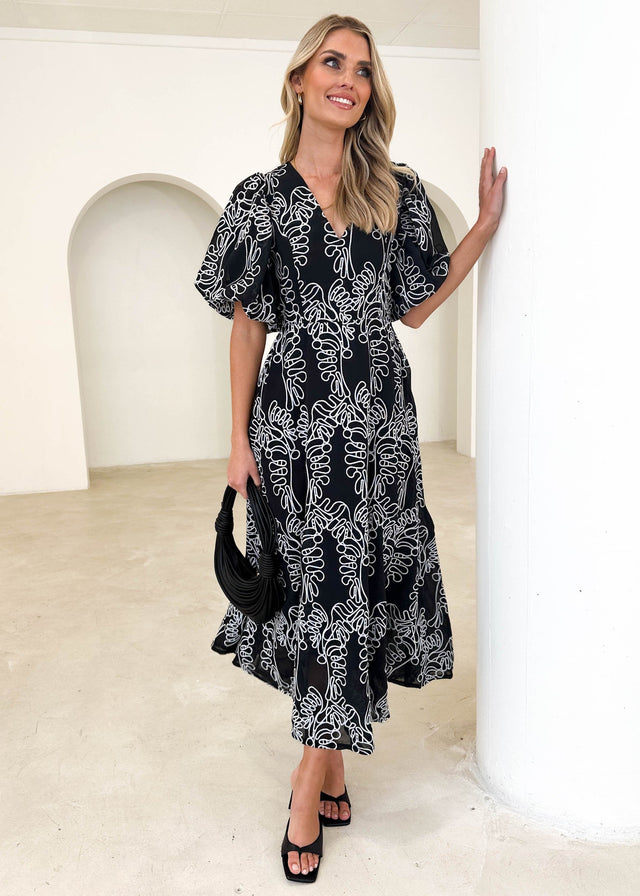 Ninetta Midi Dress - Black Embroidered