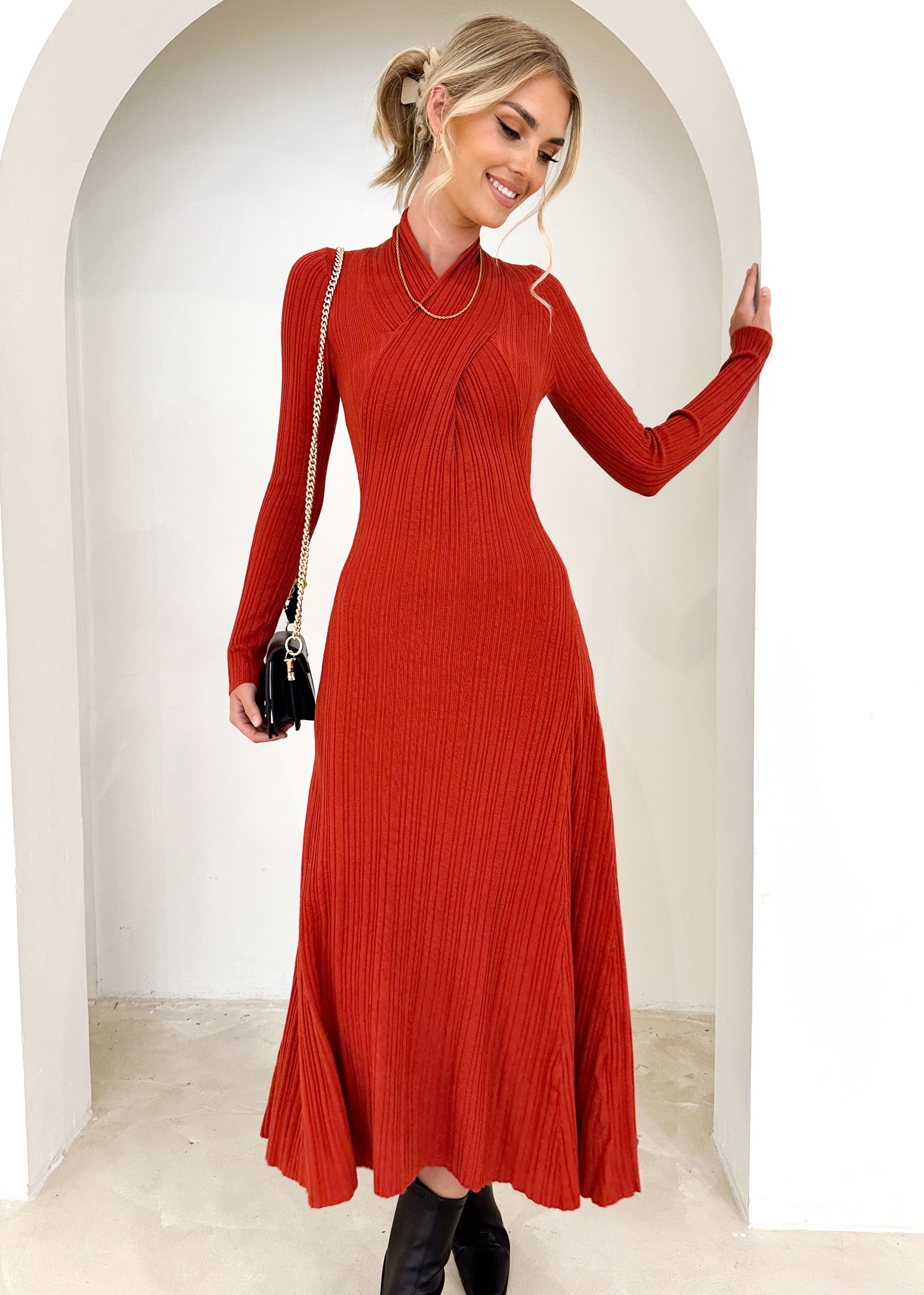 Lamont Knit Midi Dress - Rust