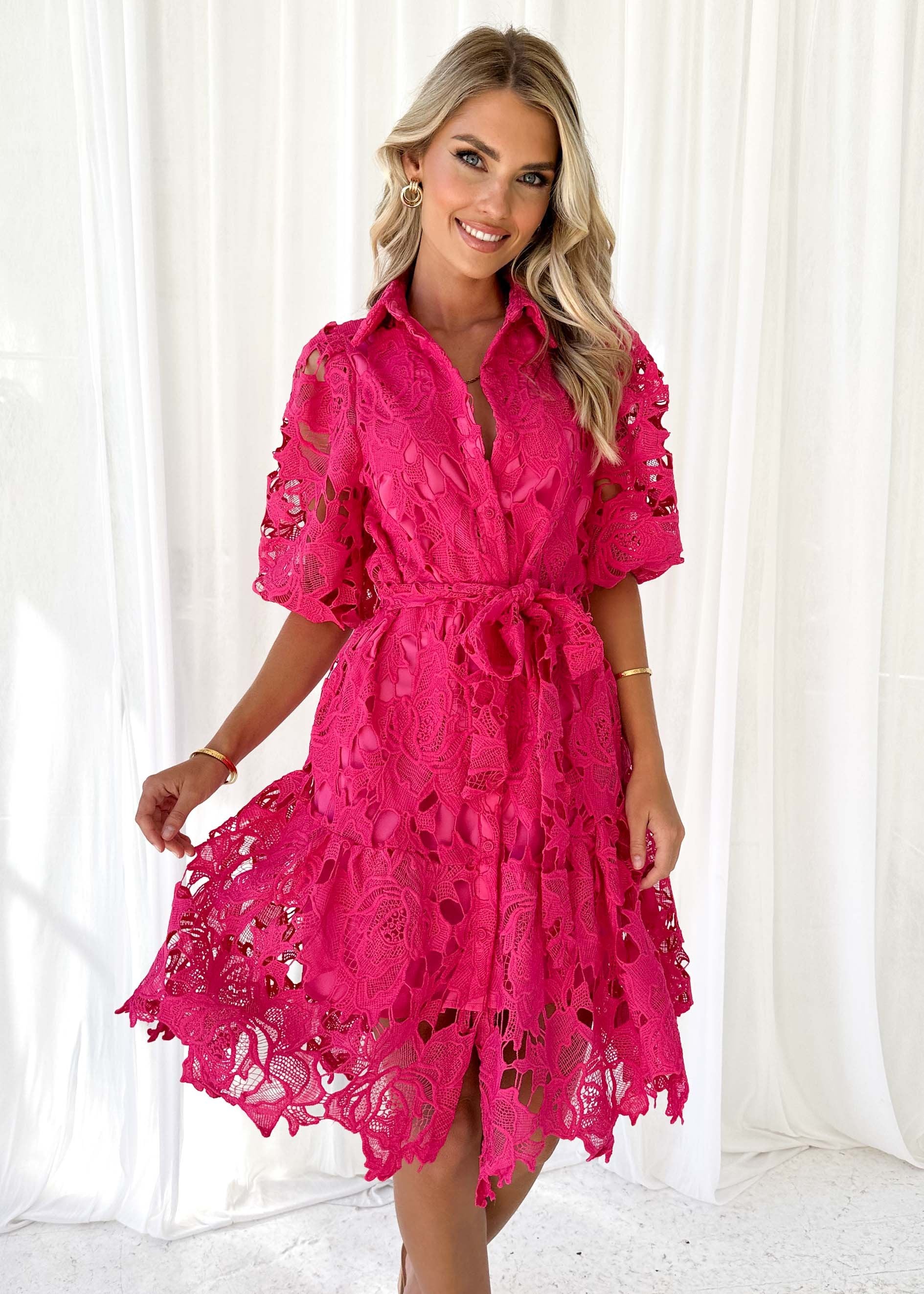 Pastel Pink Lace Tea-length Boat Neck Party Dress - Promfy