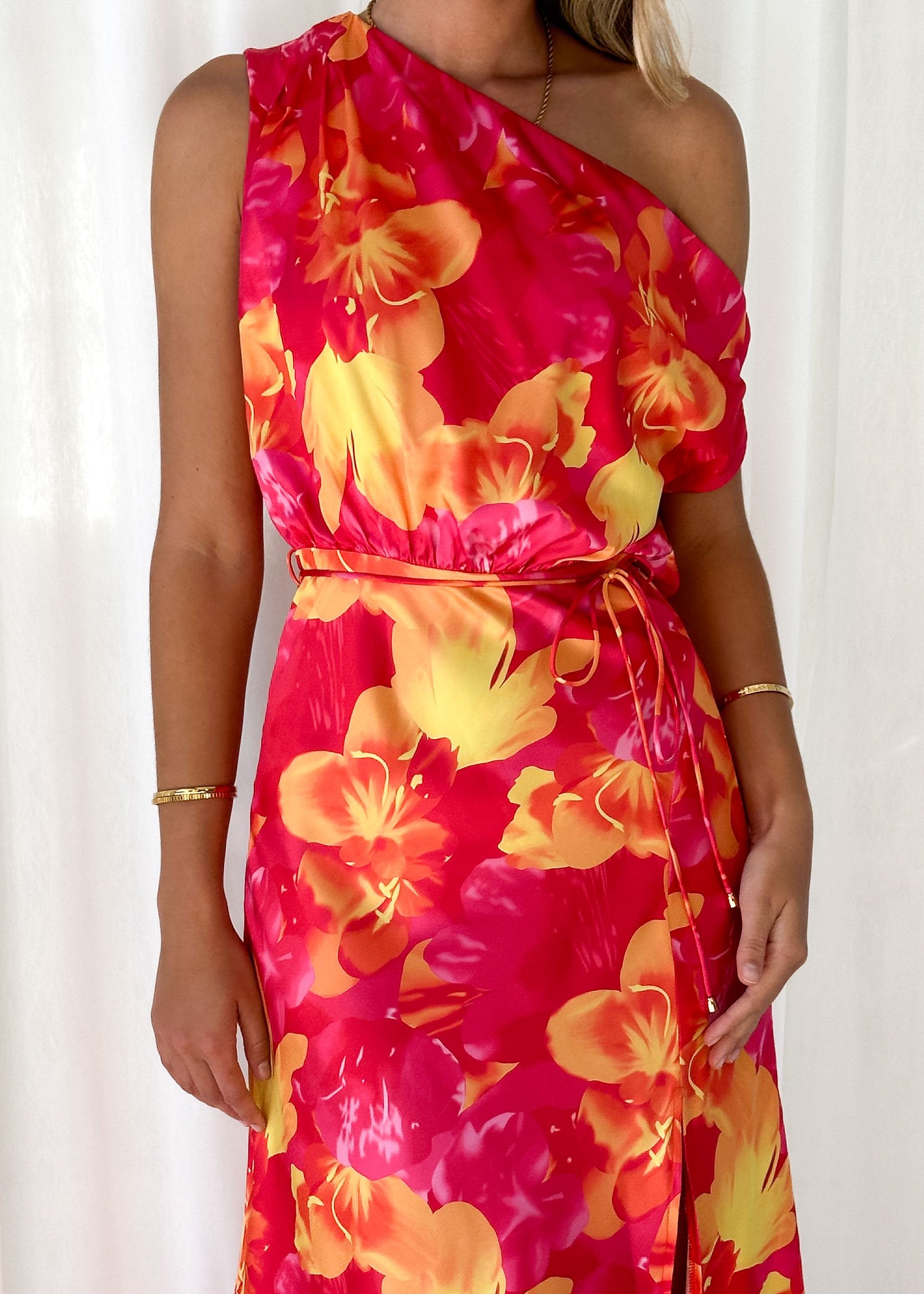 Minso One Shoulder Midi Dress - Magenta Flowers