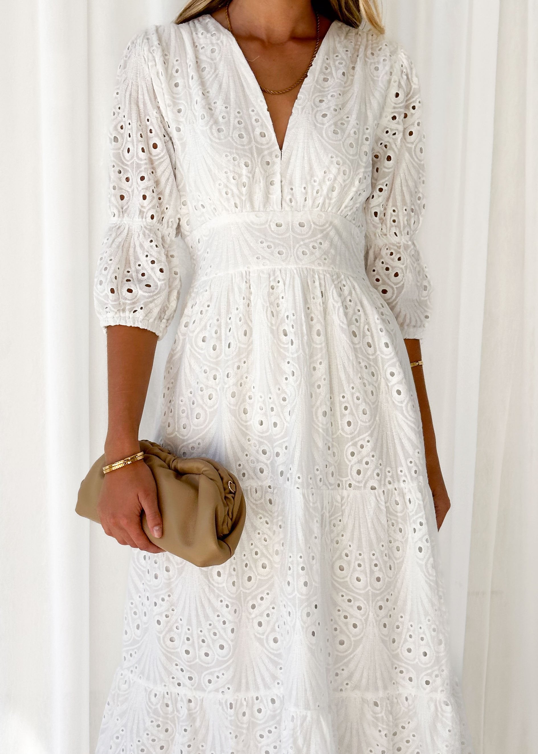 Zinta Midi Dress - White Anglaise