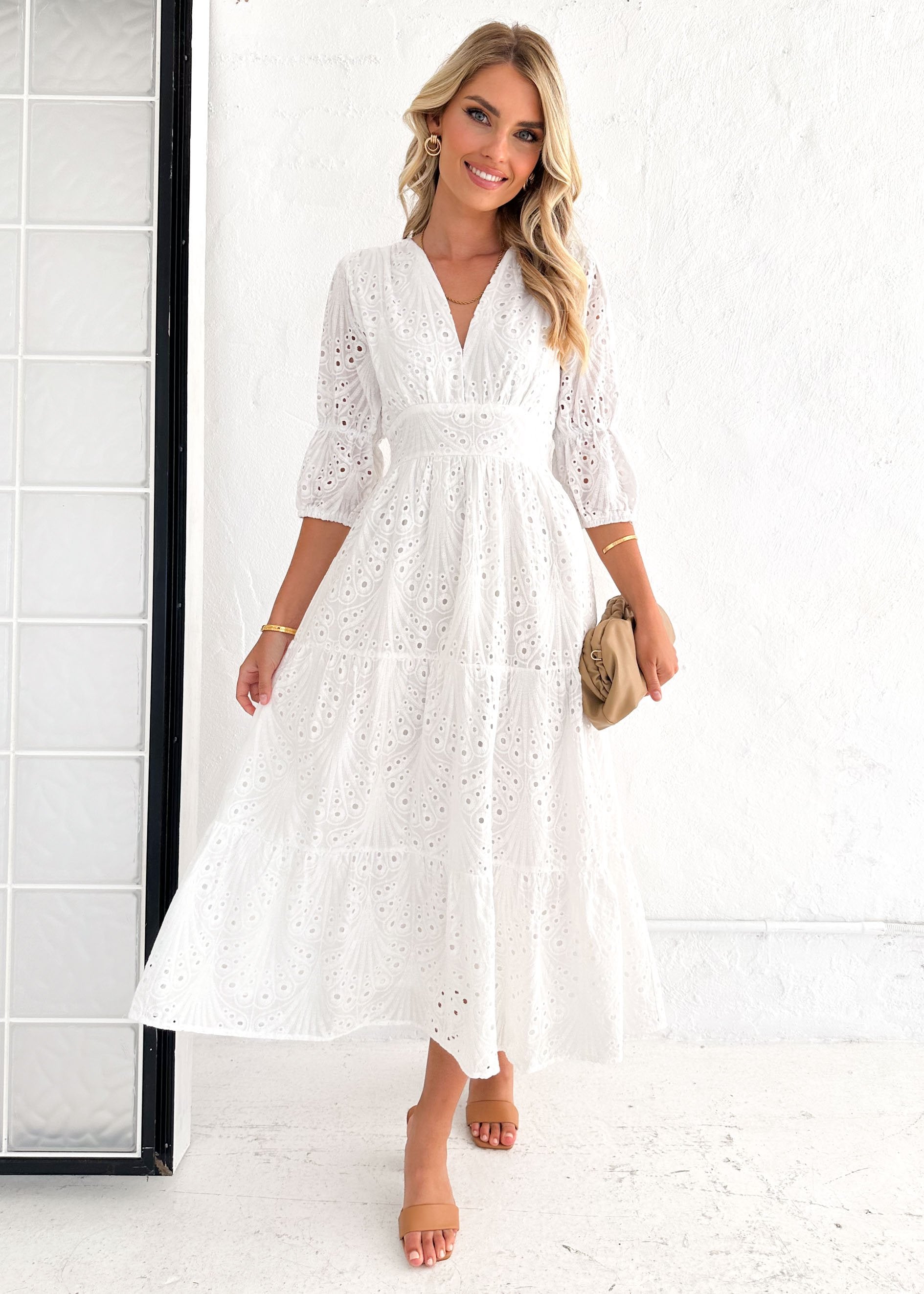 Zinta Midi Dress - White Anglaise