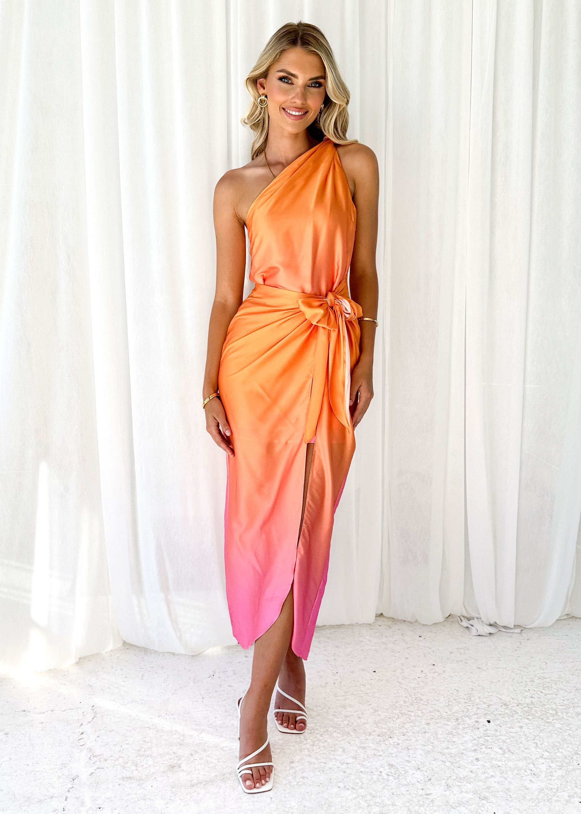 Parcha One Shoulder Midi Dress - Tangerine Ombre