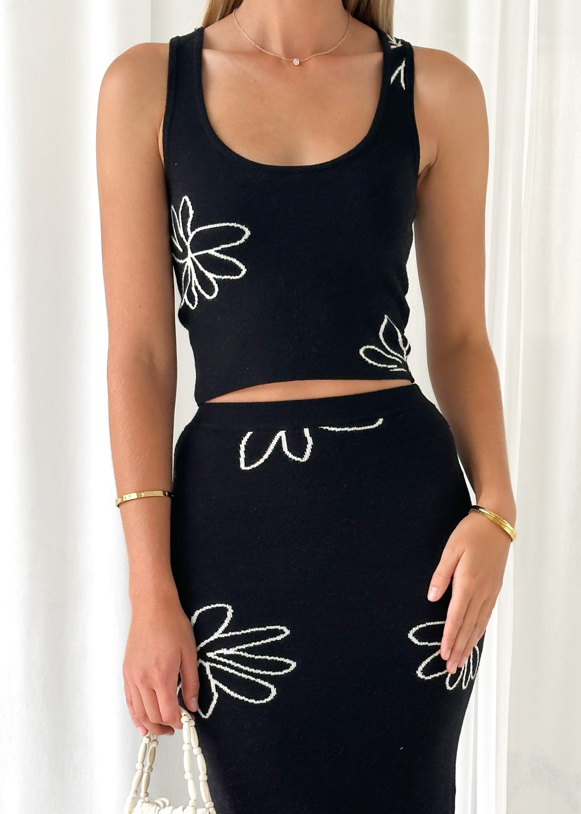 Temika Knit Midi Skirt - Black Flowers