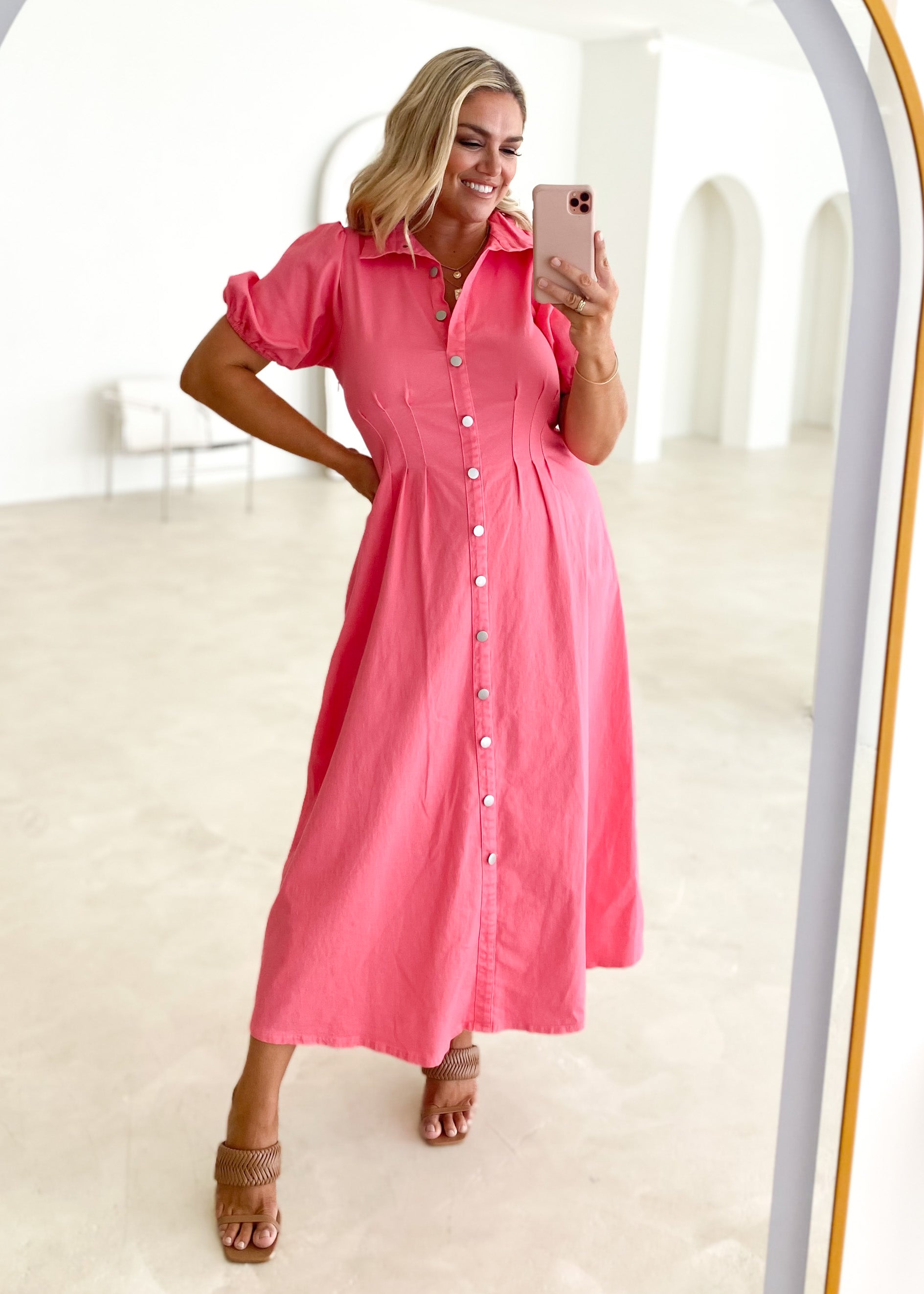 Acer Denim Midi Dress - Pink